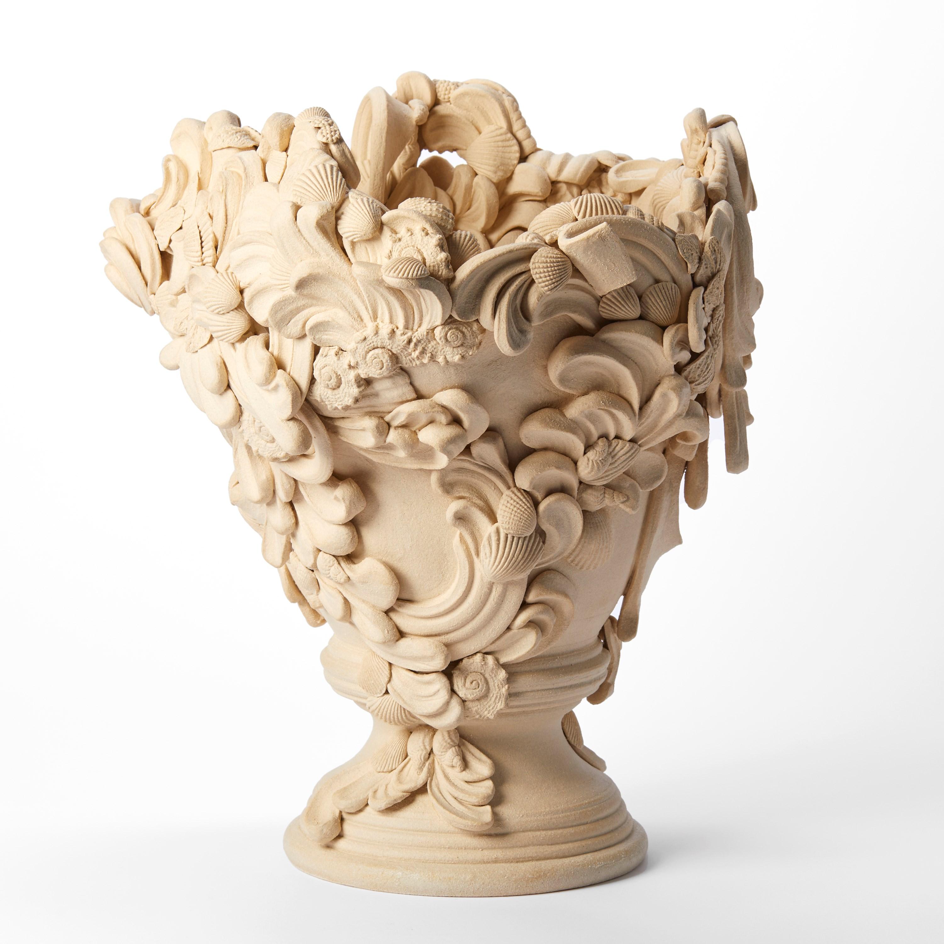 Organic Modern Abundance II, sand coloured ceramic vessel with shells & flourishes by Jo Taylor For Sale