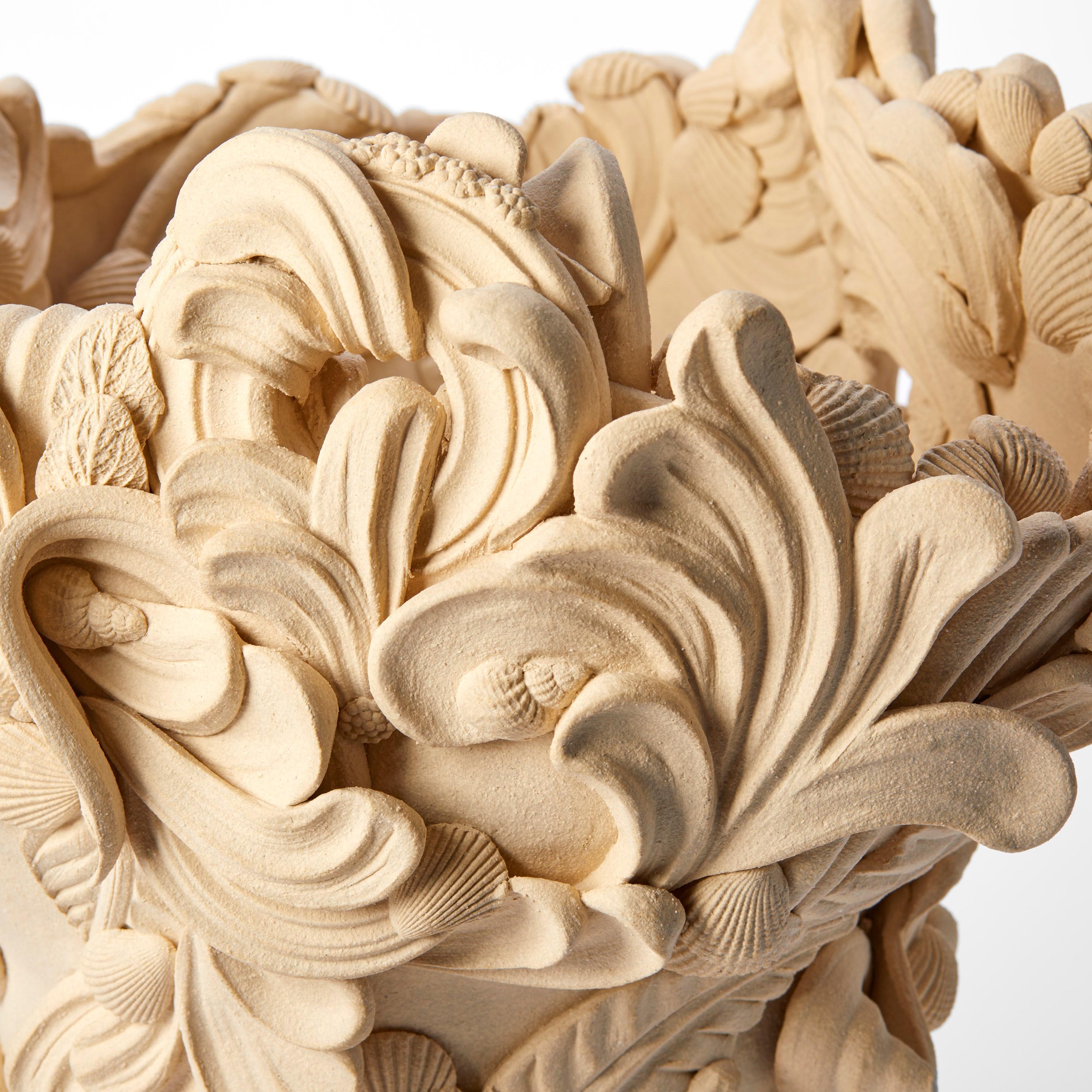 Abundance II, sand coloured ceramic vessel with shells & flourishes by Jo Taylor In New Condition For Sale In London, GB