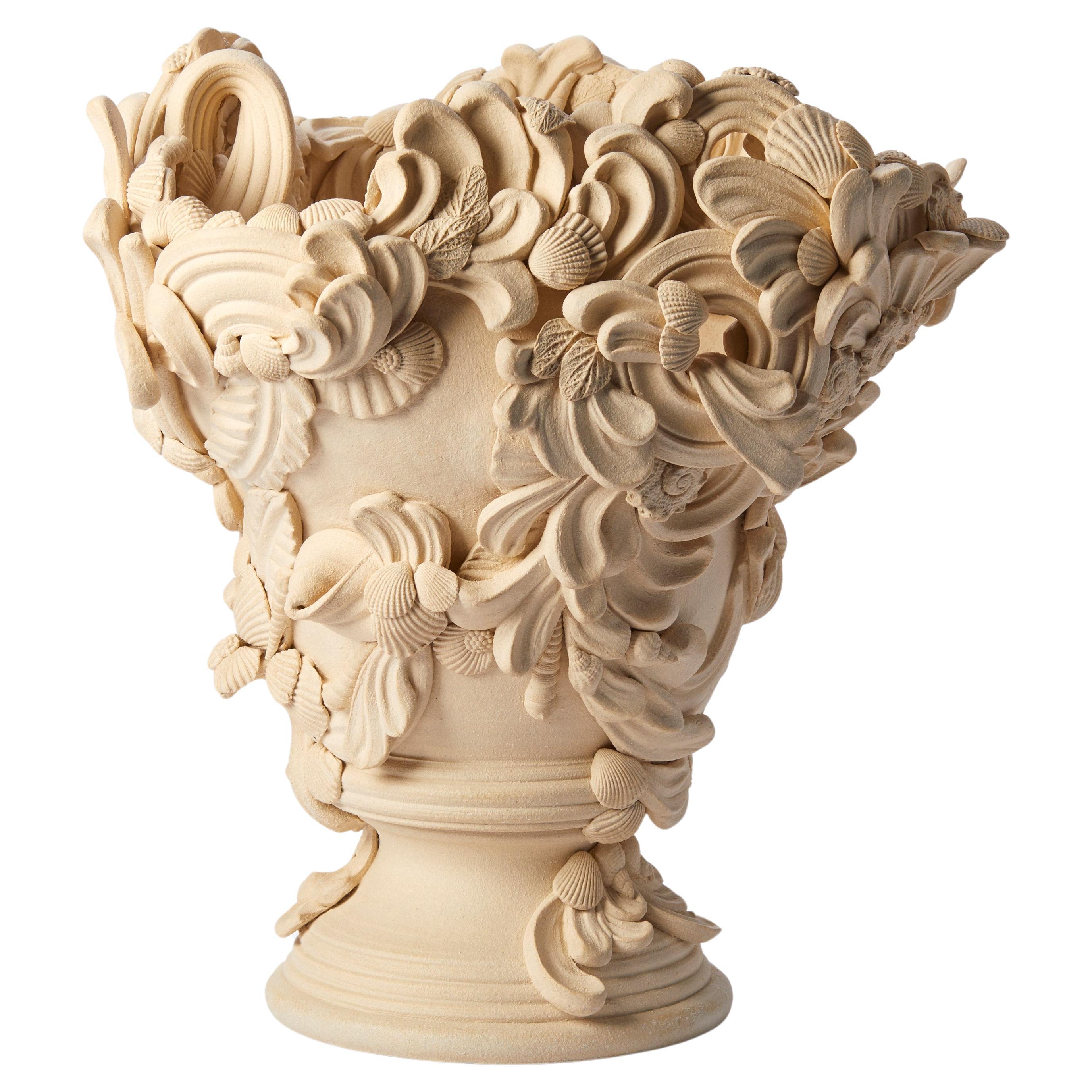 Abundance II, sand coloured ceramic vessel with shells & flourishes by Jo Taylor