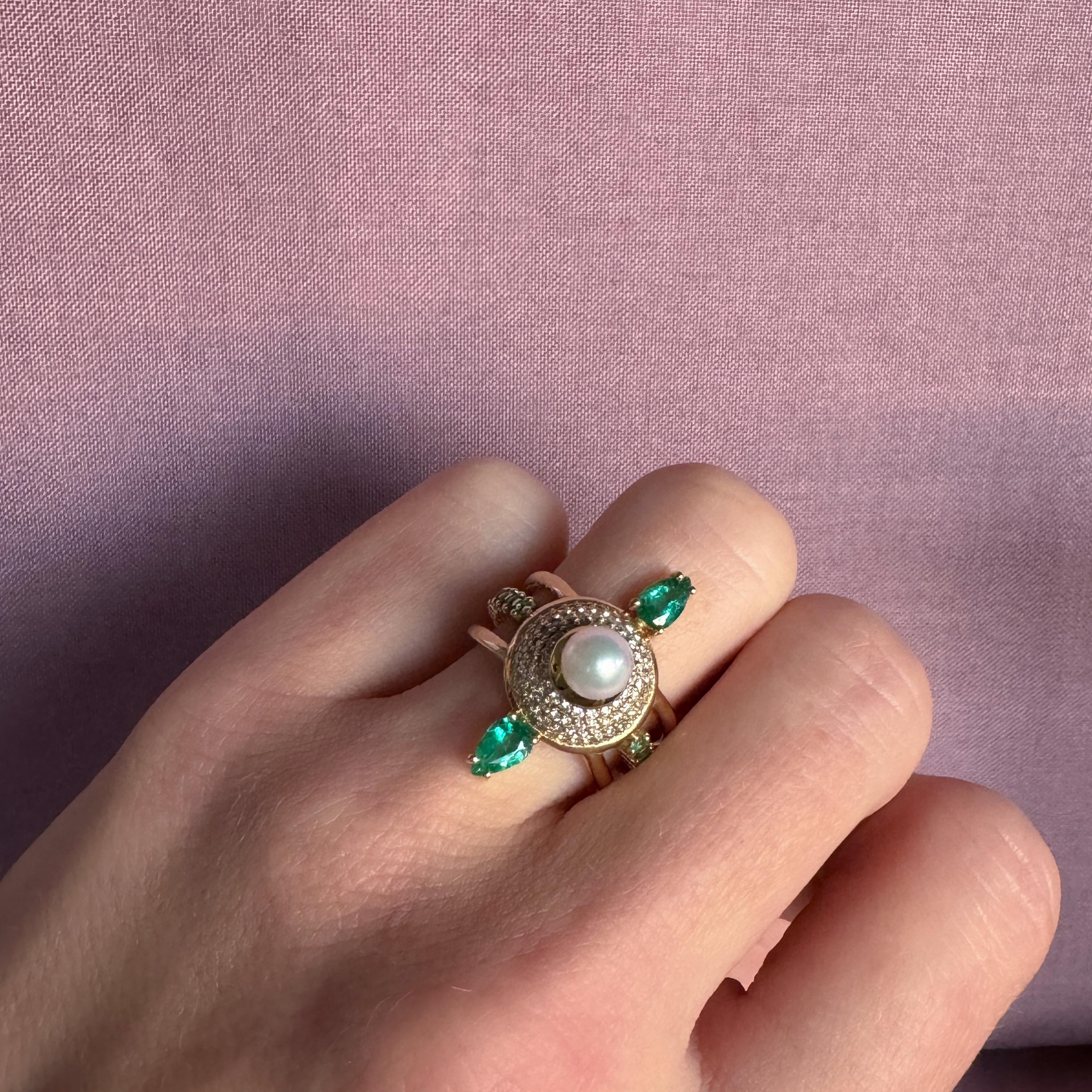 Contemporary Abundance Ring in 18 Karat Gold with Diamonds, Emeralds And A Pearl