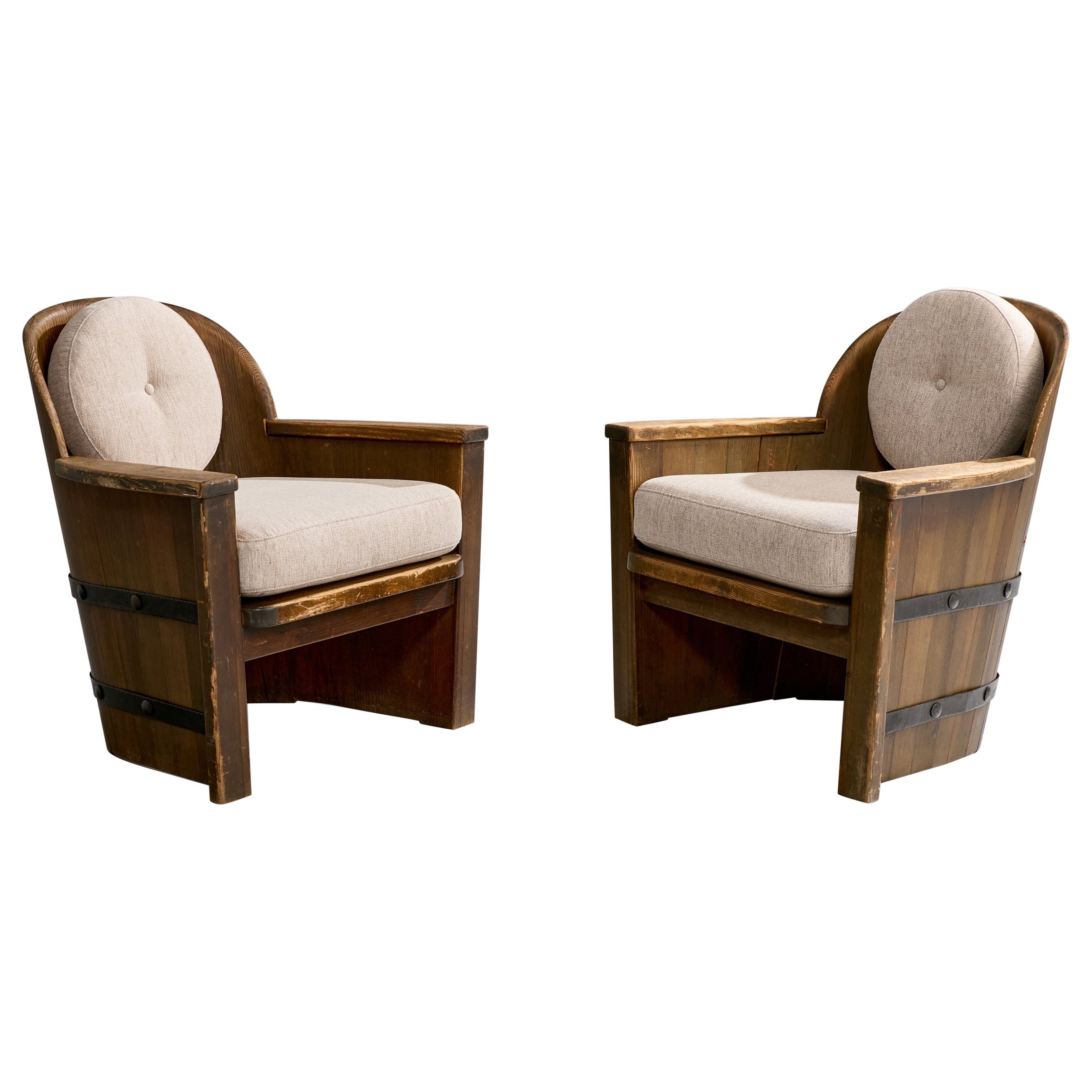 Åby Möbelfabrik, Lounge Chairs, Pine, Iron, Fabric, Sweden, 1930s