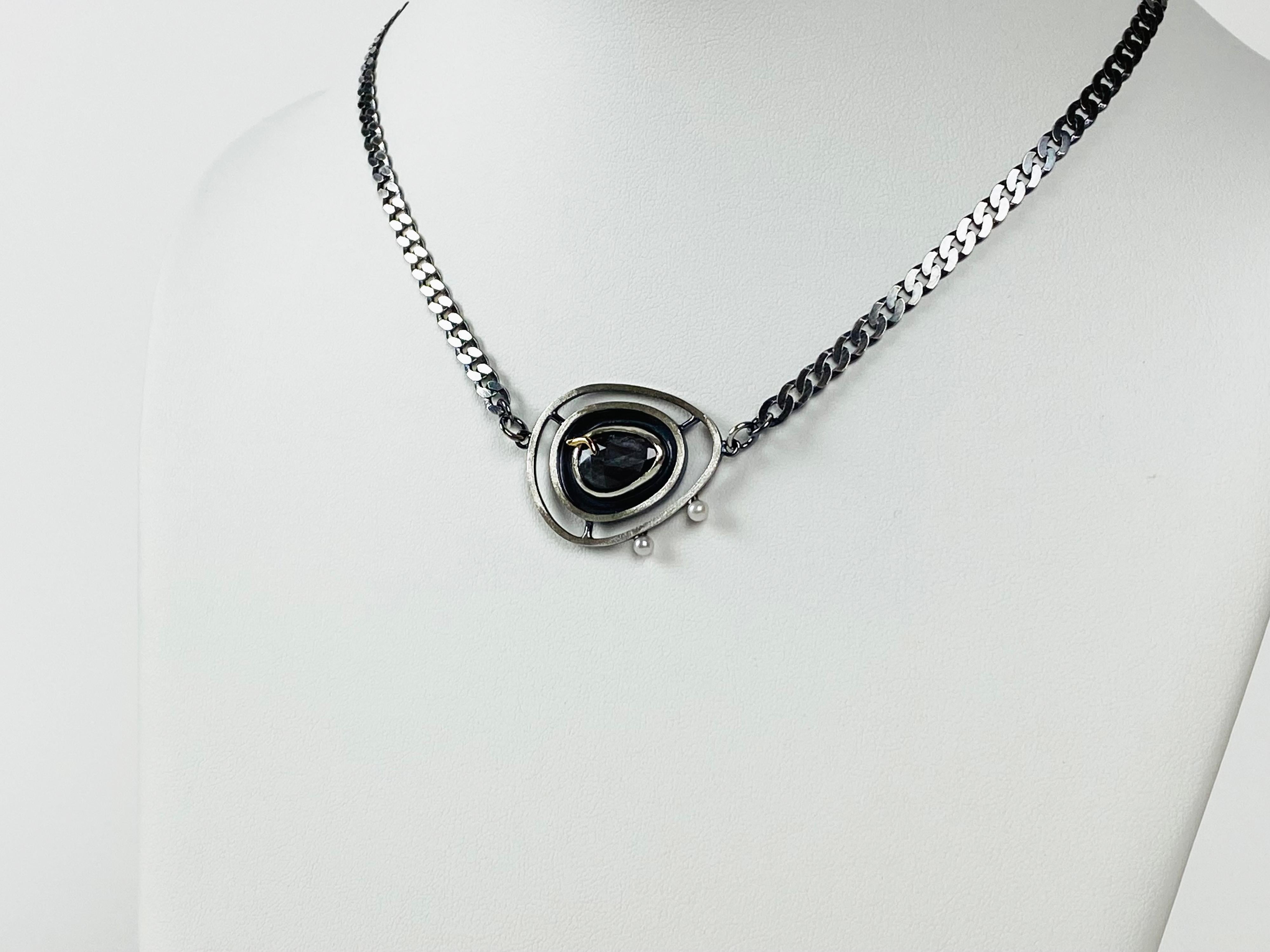 Abyss 14K Sterling Silver Black Sapphire Pearl Necklace by TIN HAUS In New Condition For Sale In Los Angeles, CA