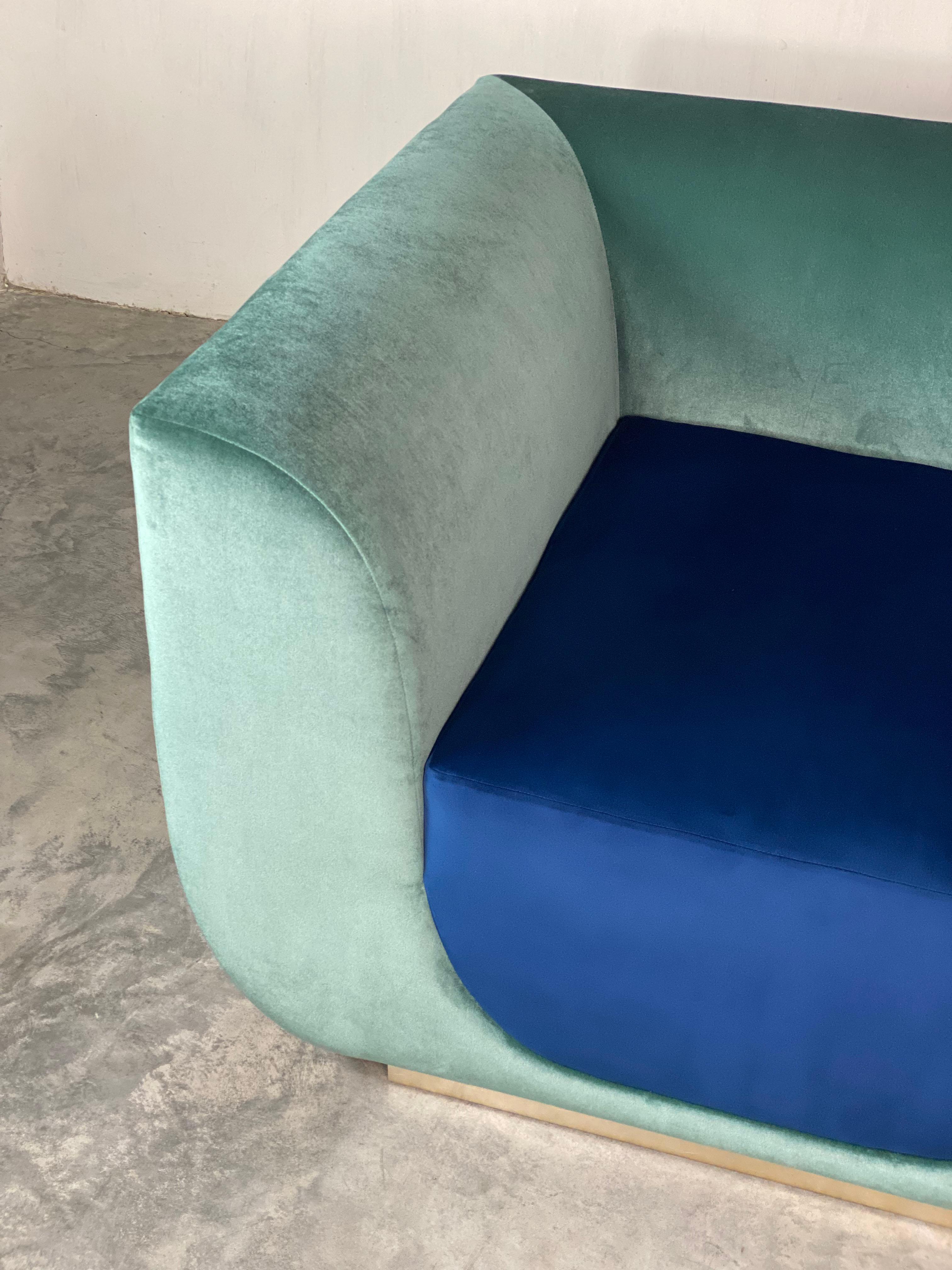 “ABYSS” armchair in mint and ocean blue velvet 

When you look into an abyss, the abyss also looks into you.

The abyssal zone or abyssopelagic zone is a layer of the pelagic zone of the ocean. 