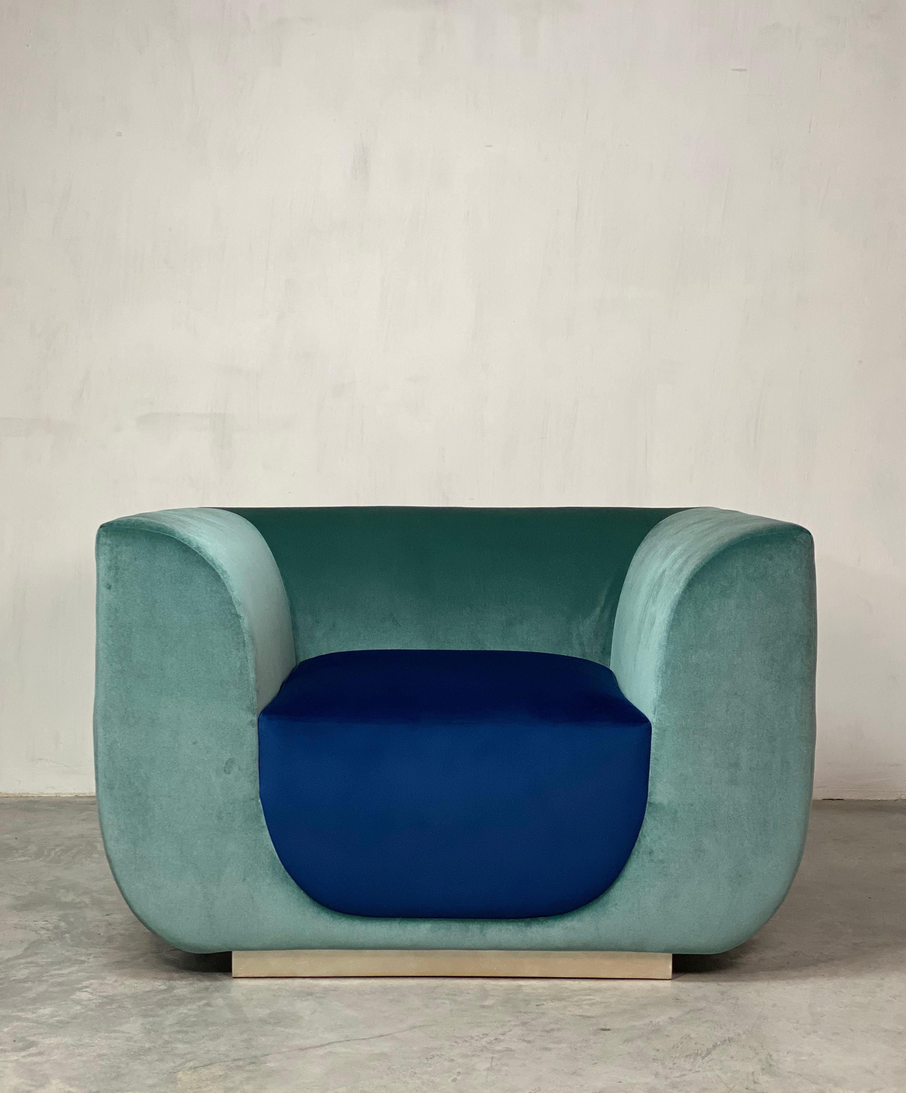 Modern ABYSS Armchair in Mint and Ocean Blue Velvet For Sale