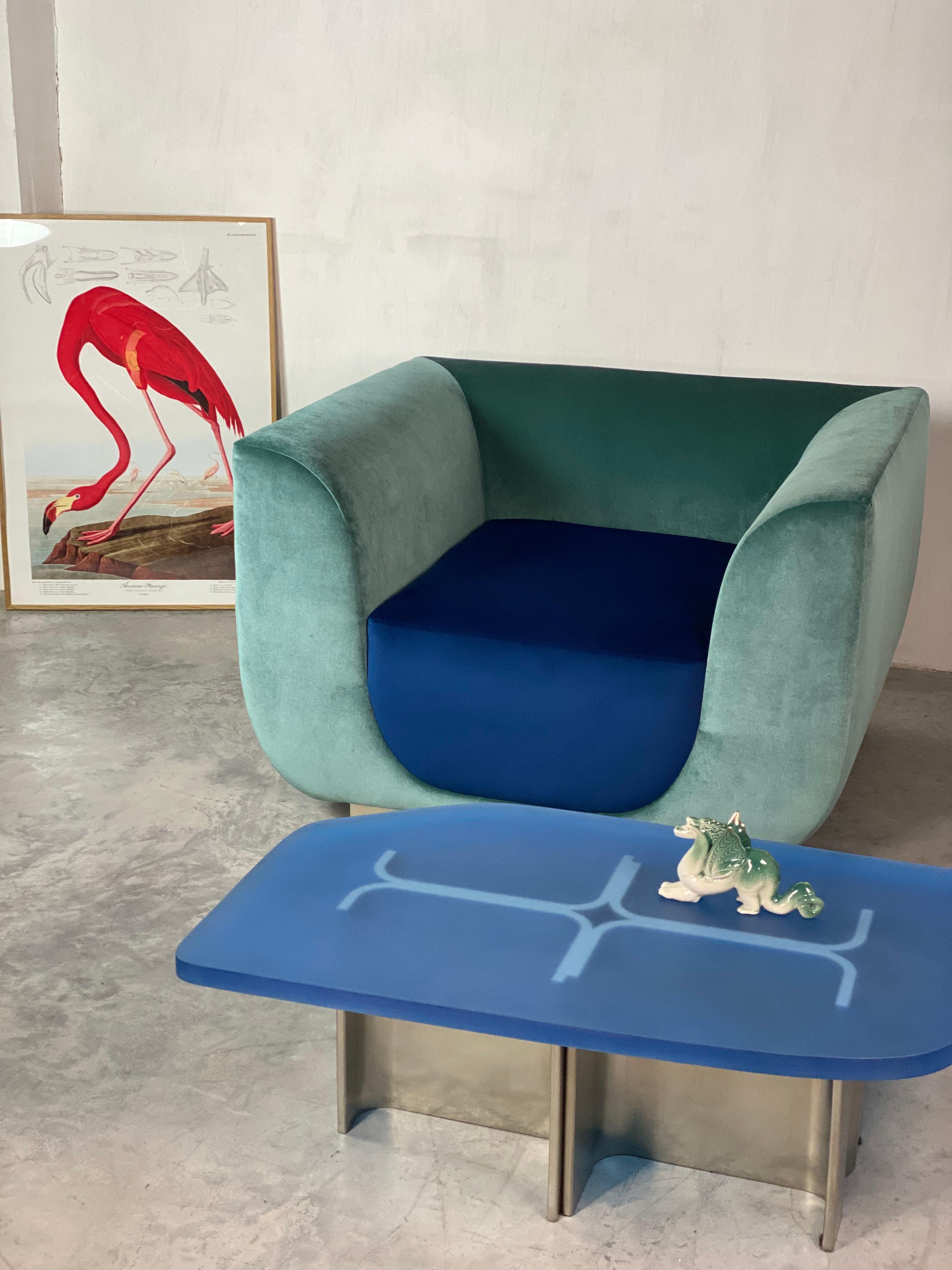 Italian ABYSS Armchair in Mint and Ocean Blue Velvet For Sale
