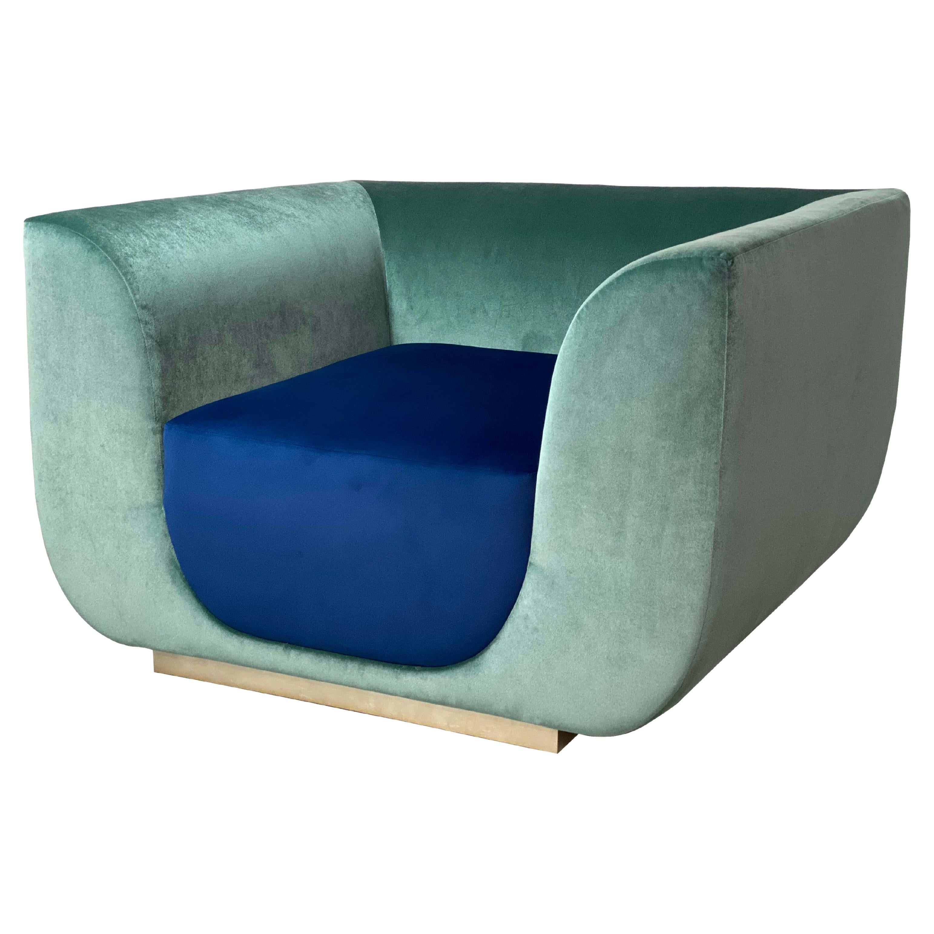 ABYSS Sessel aus mintfarbenem und ozeanblauem Samt im Angebot