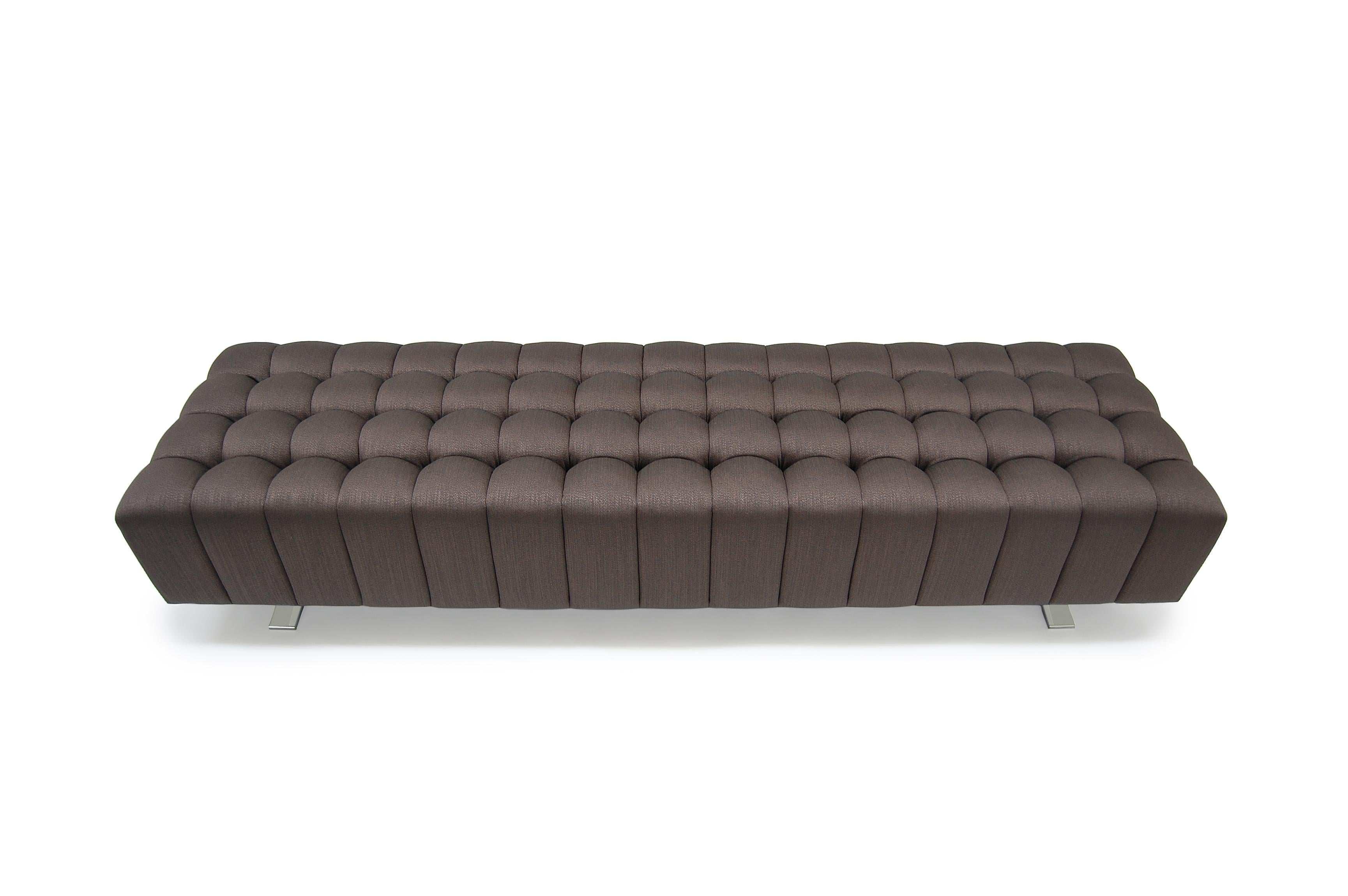 American Abyss Bench Brown deep Tufted bench, chrome legs, custom, metal legs, buttons For Sale