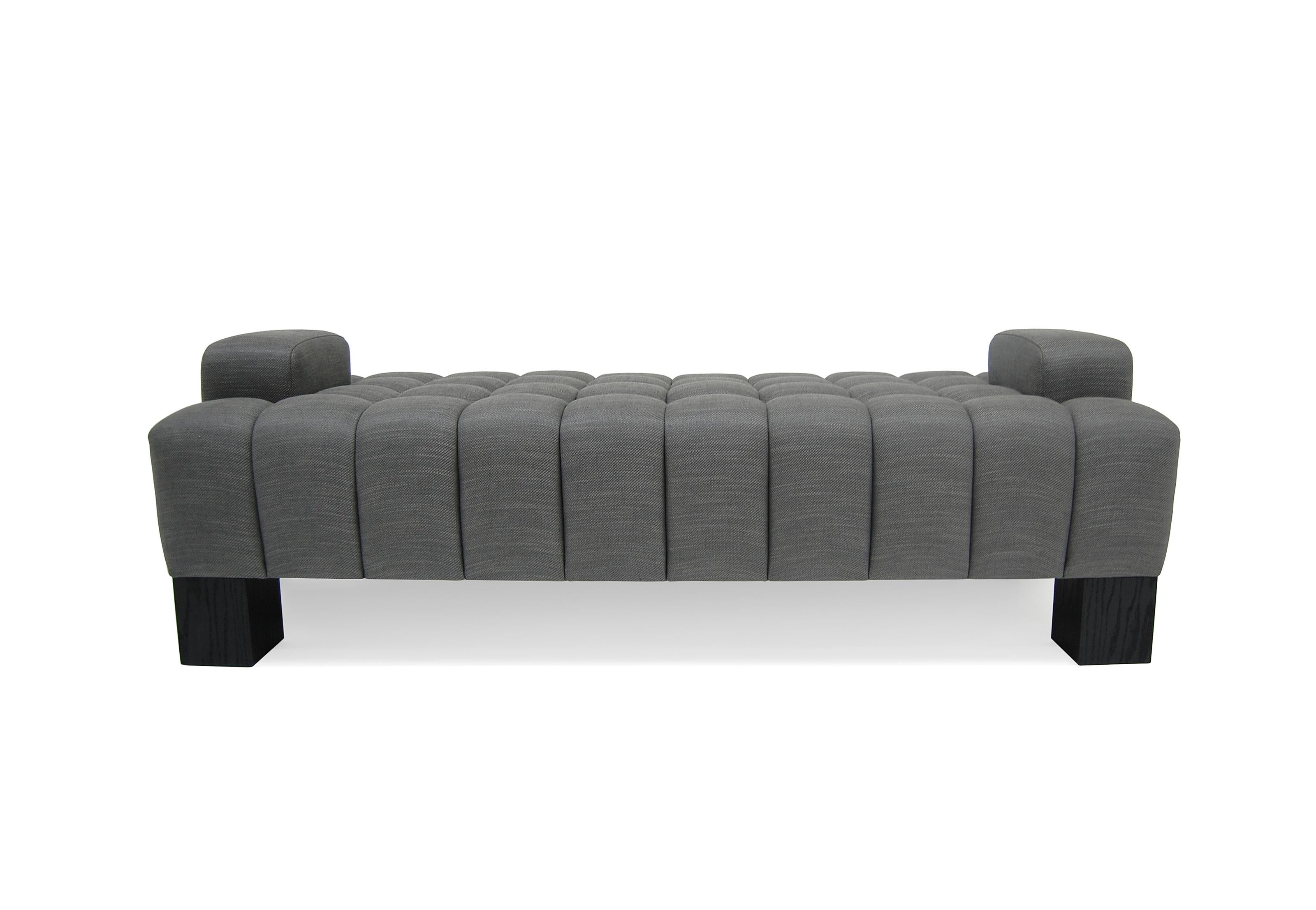 Other Abyss Bench with Arms, Deep Tufted, Oak Wood Block Legs, Custom, Buttons, Fabric For Sale