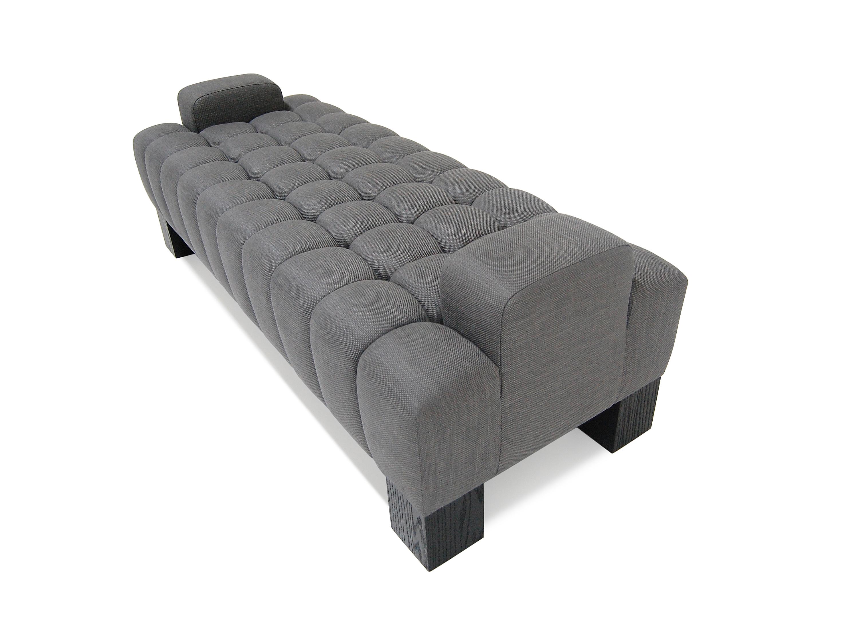 American Abyss Bench with Arms, Deep Tufted, Oak Wood Block Legs, Custom, Buttons, Fabric For Sale