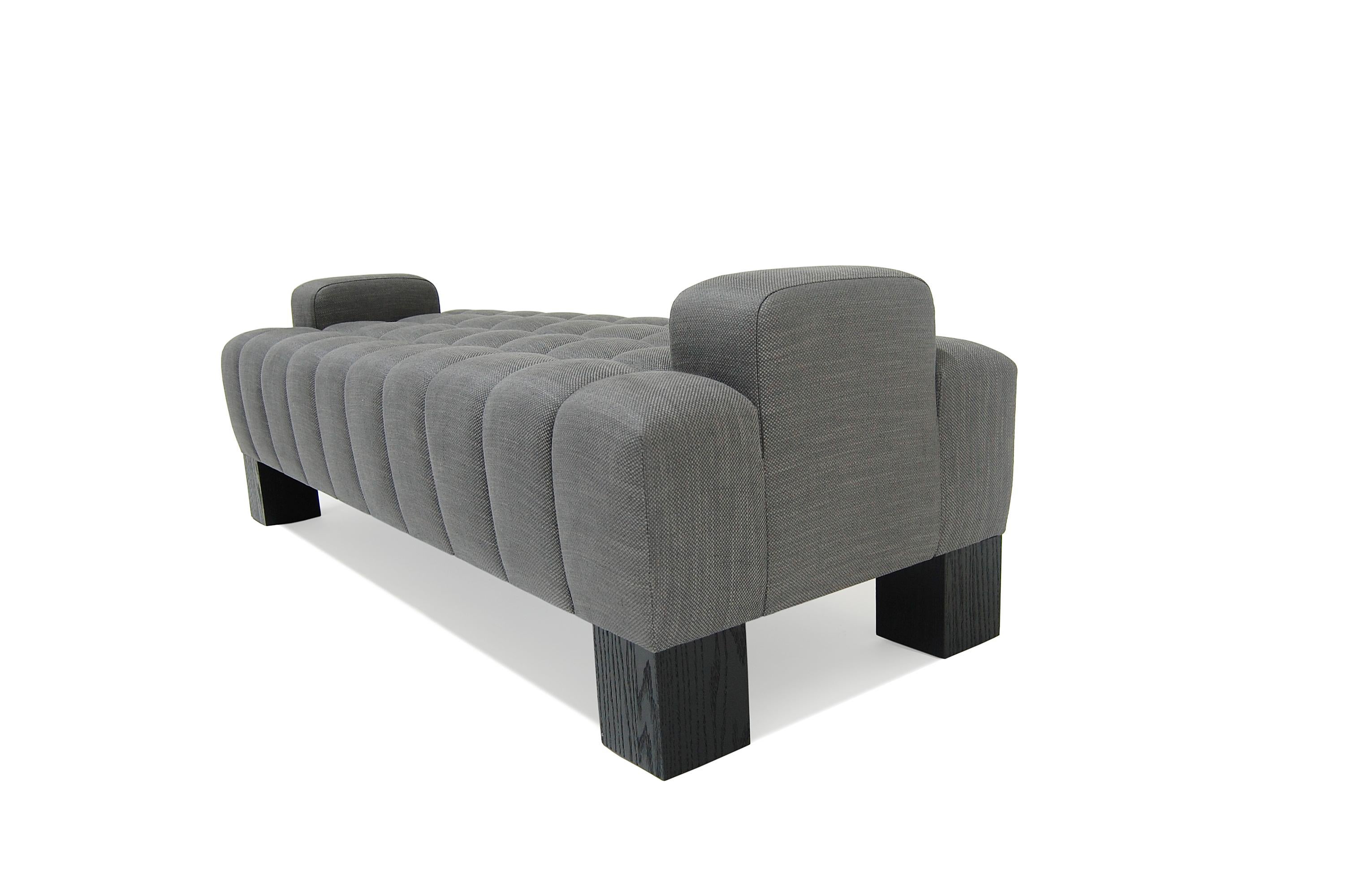 Abyss Bench with Arms, Deep Tufted, Oak Wood Block Legs, Custom, Buttons, Fabric In New Condition For Sale In Ridgewood, NY