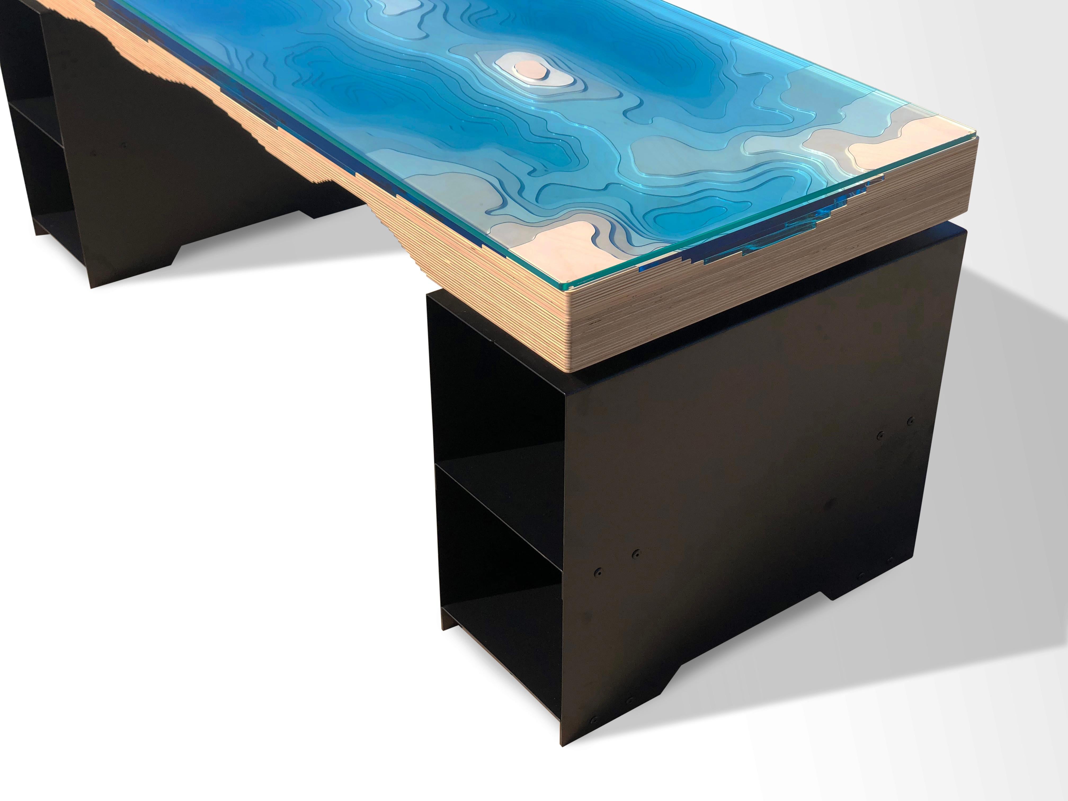 British Modern Rectangular Wooden Desk in Birch Wood, Glass For Sale