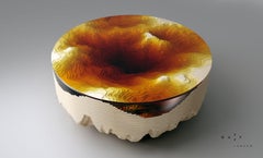 Round 'Abyss Horizon' Coffee Table, Amber Plexiglass and Birch Wood