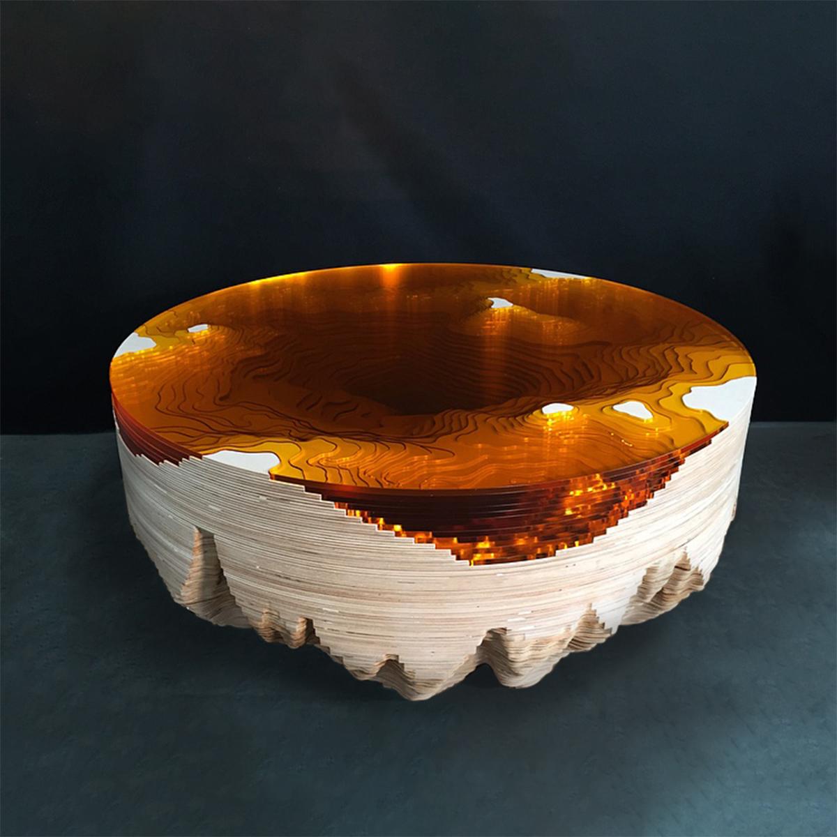 British Round 'Abyss Horizon' Coffee Table, Amber Plexiglass and Birch Wood For Sale