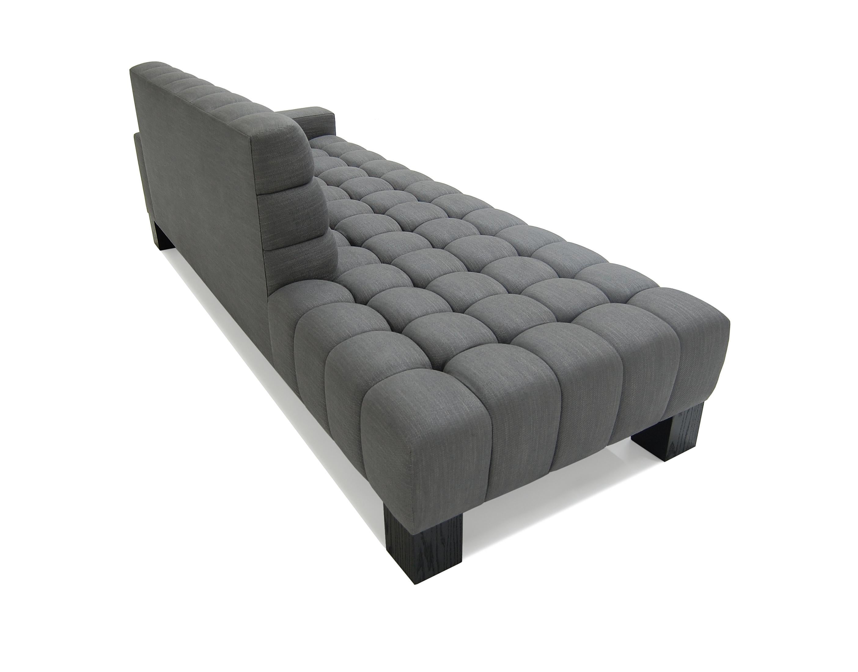 Abyss Mini Sofa Chaise Channeling Deep Tufted Wood Legs Grey Custom In New Condition For Sale In Ridgewood, NY