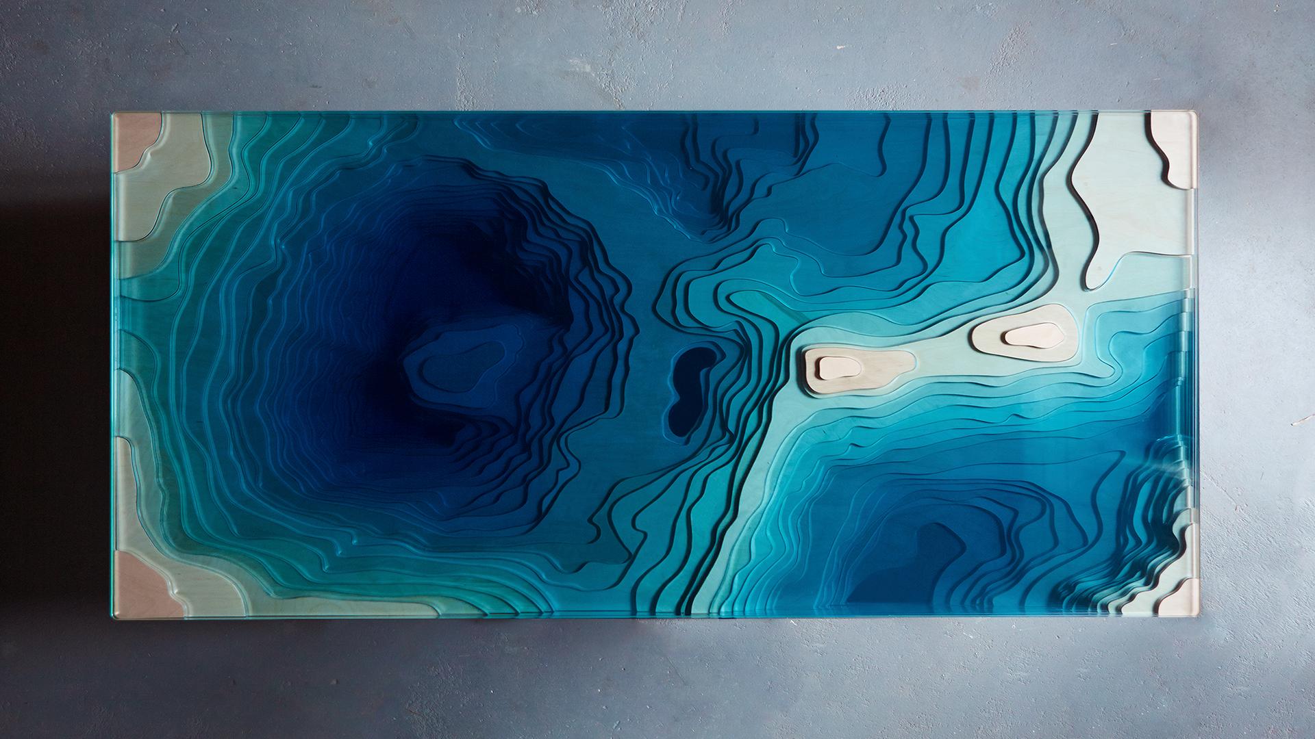 British Modern Rectangular Abyss Coffee Table in Birch Wood & Glass For Sale