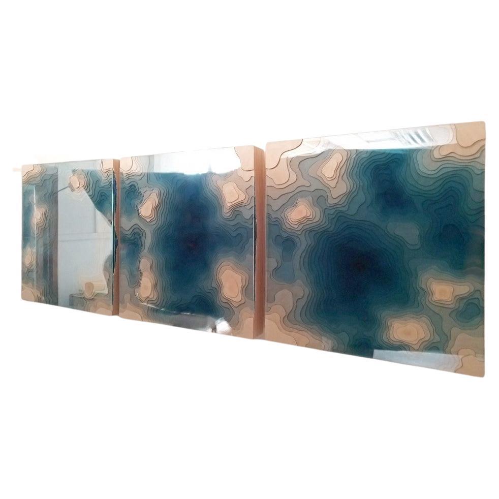 Zeitgenössisches Abyss-Wandkunst-Dreitychon aus Glas und Birke 