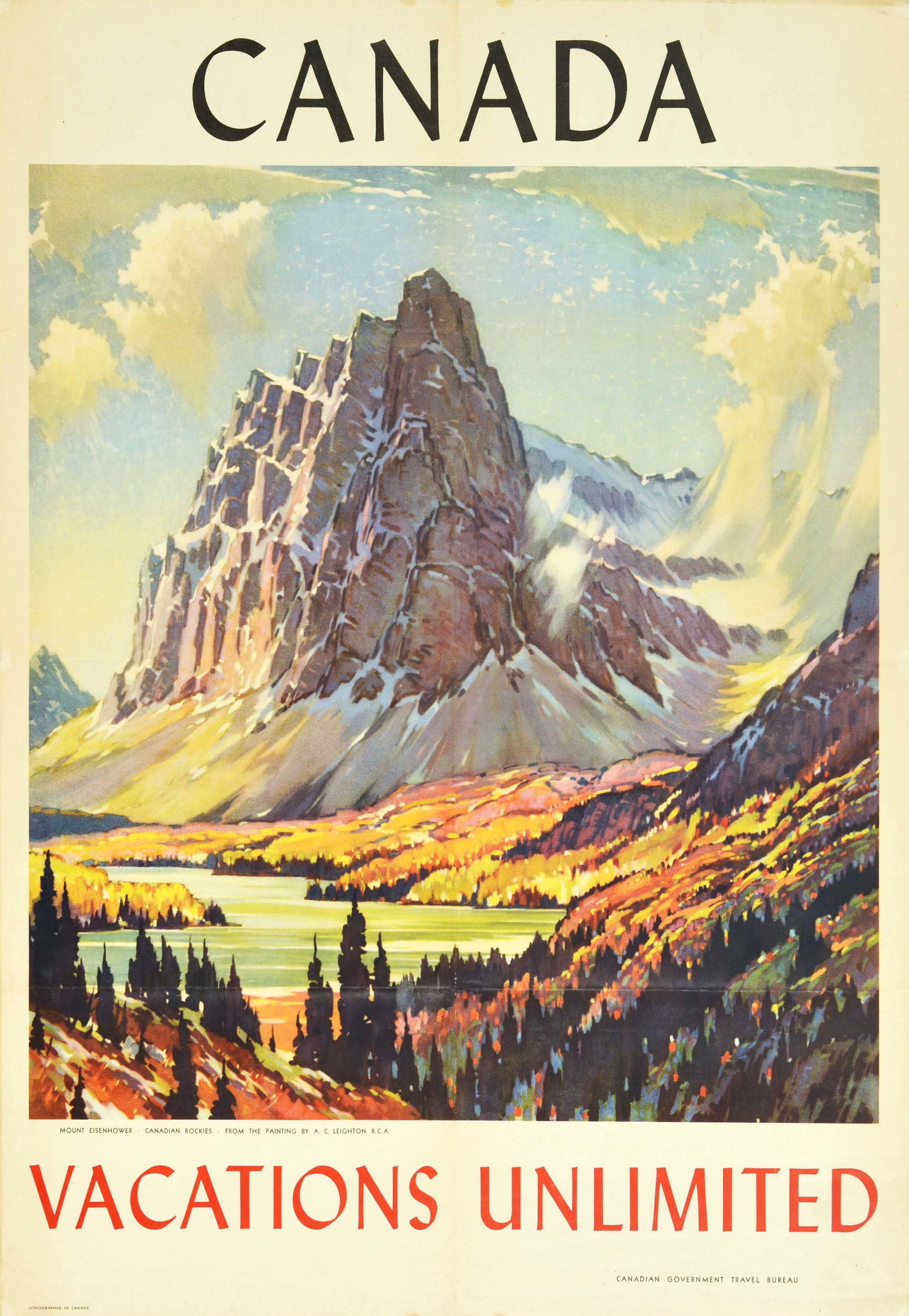 A.C. Leighton Print - Original Vintage Travel Poster Canadian Rockies Mount Eisenhower Castle Mountain