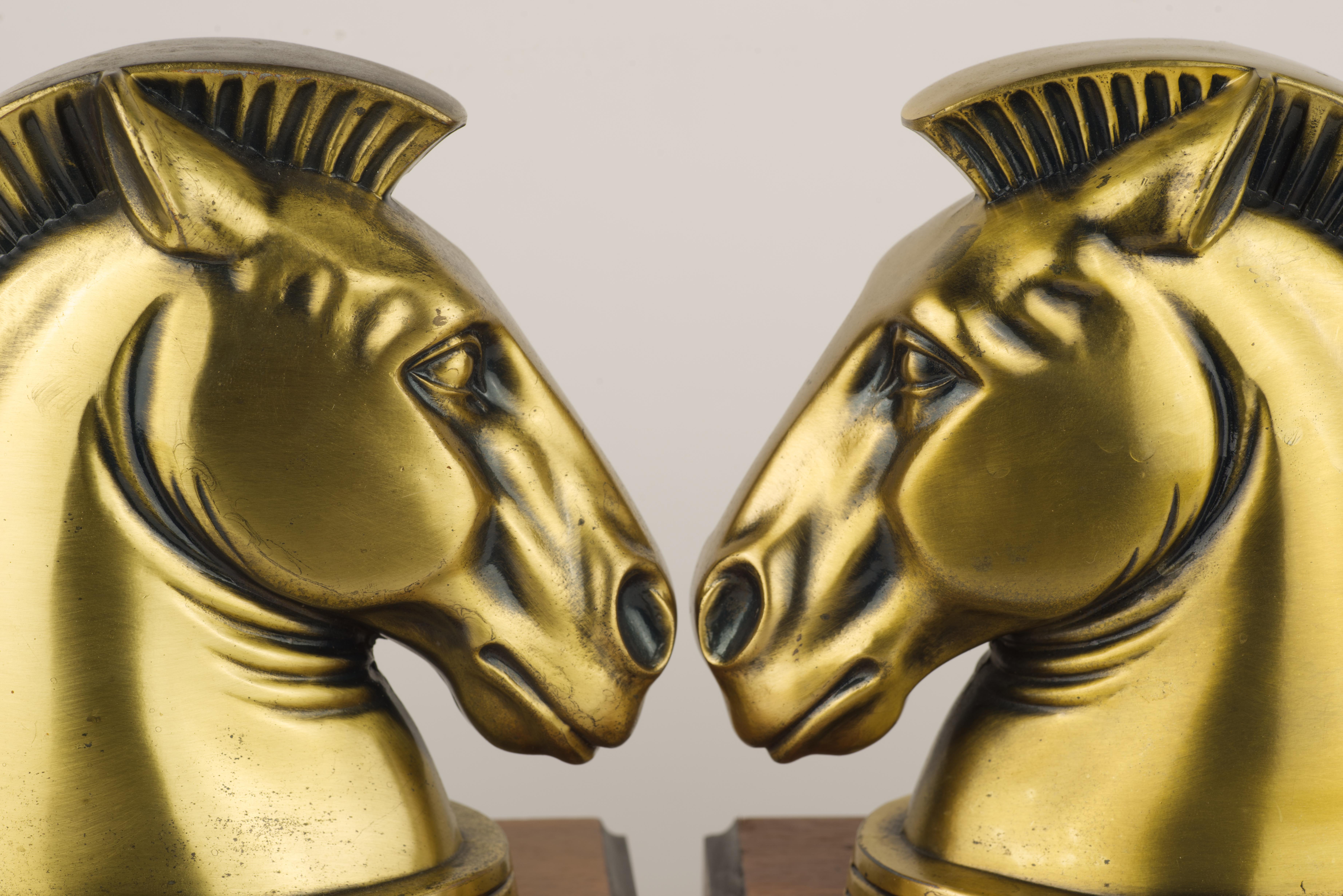 American A.C. Rehberger Pair of Art Deco Horse Bookends, Brass and Cherry Wood