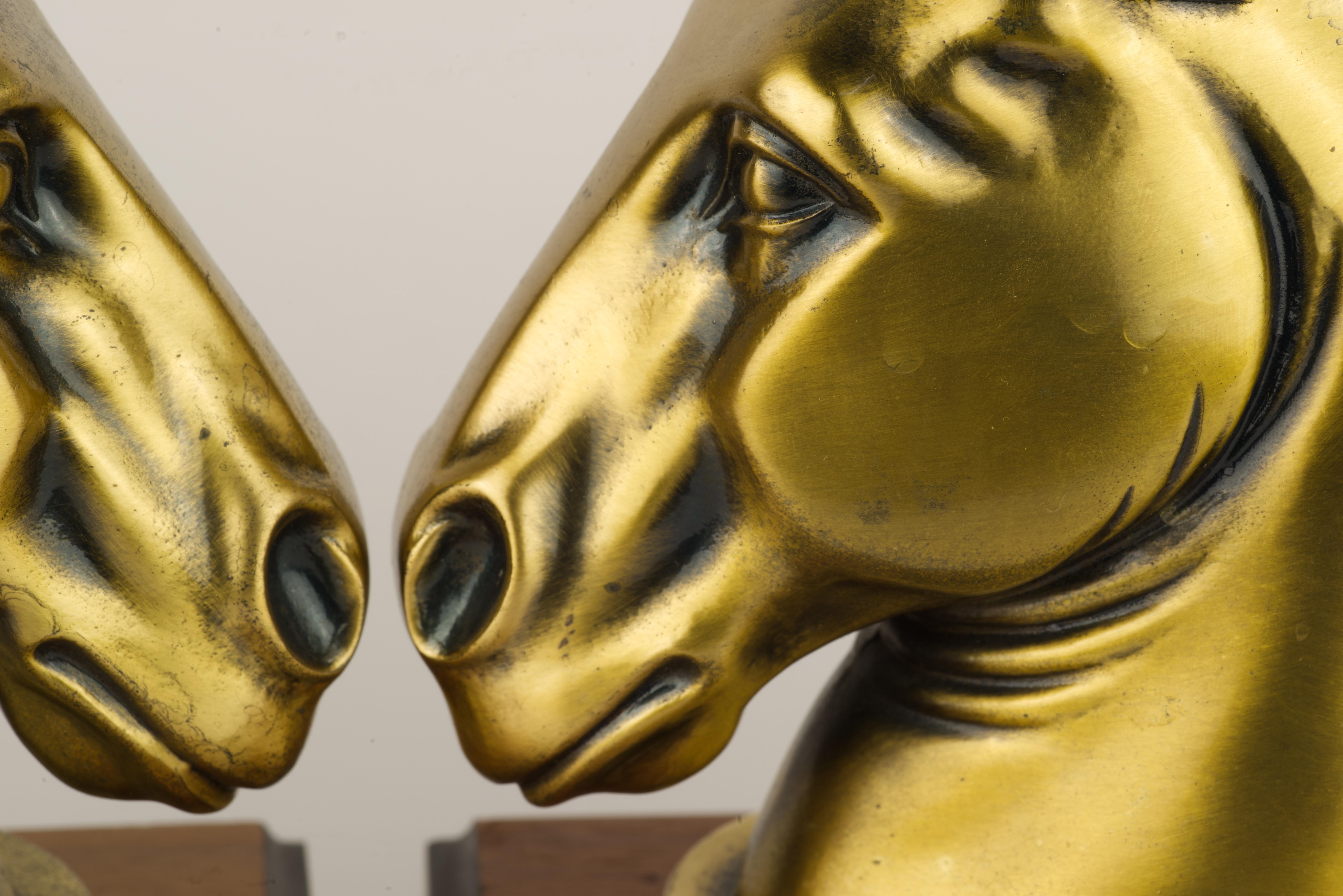 Hand-Crafted A.C. Rehberger Pair of Art Deco Horse Bookends, Brass and Cherry Wood