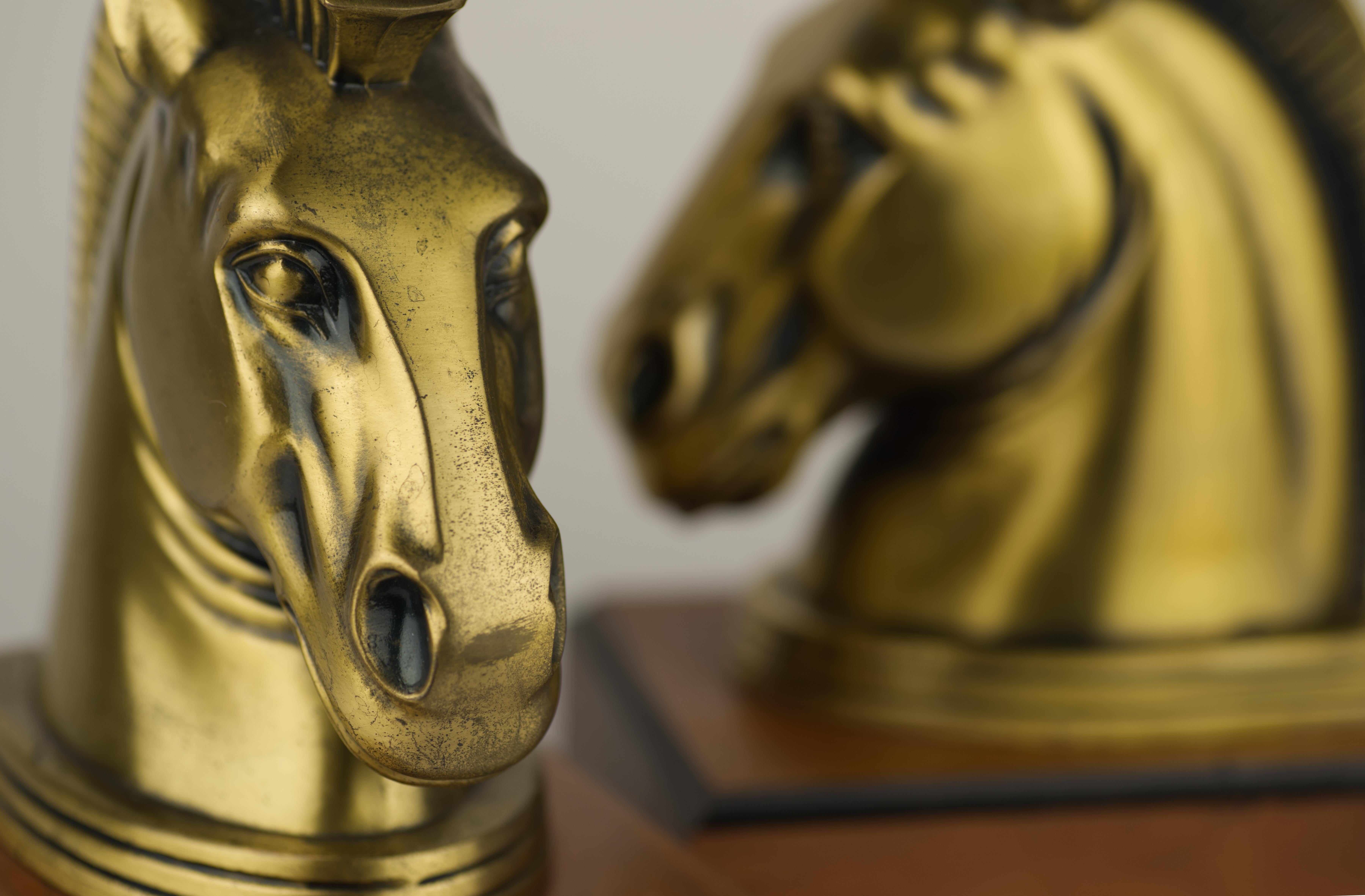 A.C. Rehberger Pair of Art Deco Horse Bookends, Brass and Cherry Wood 1
