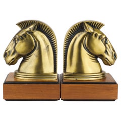 A.C. Rehberger Pair of Art Deco Horse Bookends, Brass and Cherry Wood