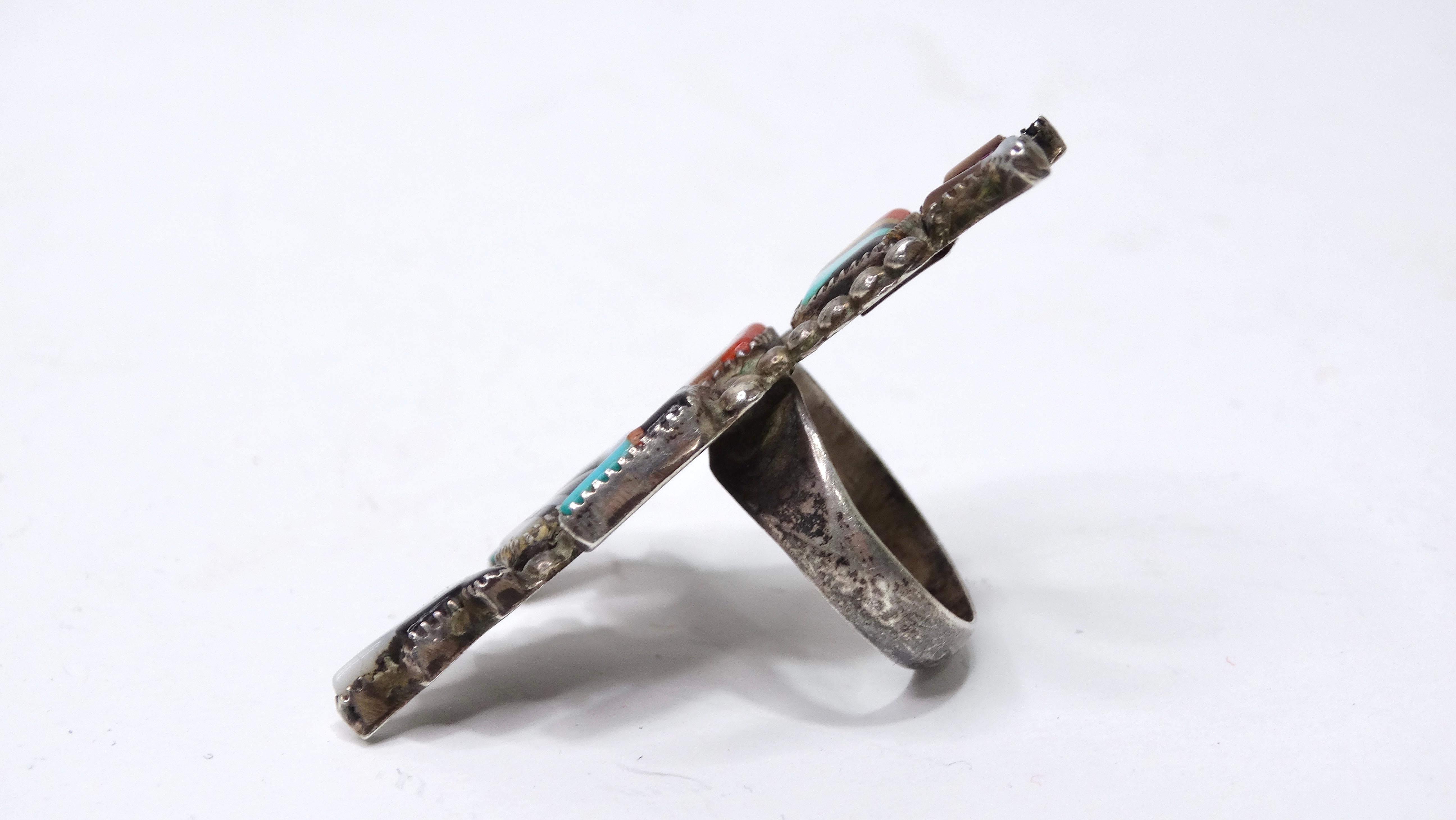 AC Zuni Signed Navajo Artisan Inlay Ring In Good Condition For Sale In Scottsdale, AZ