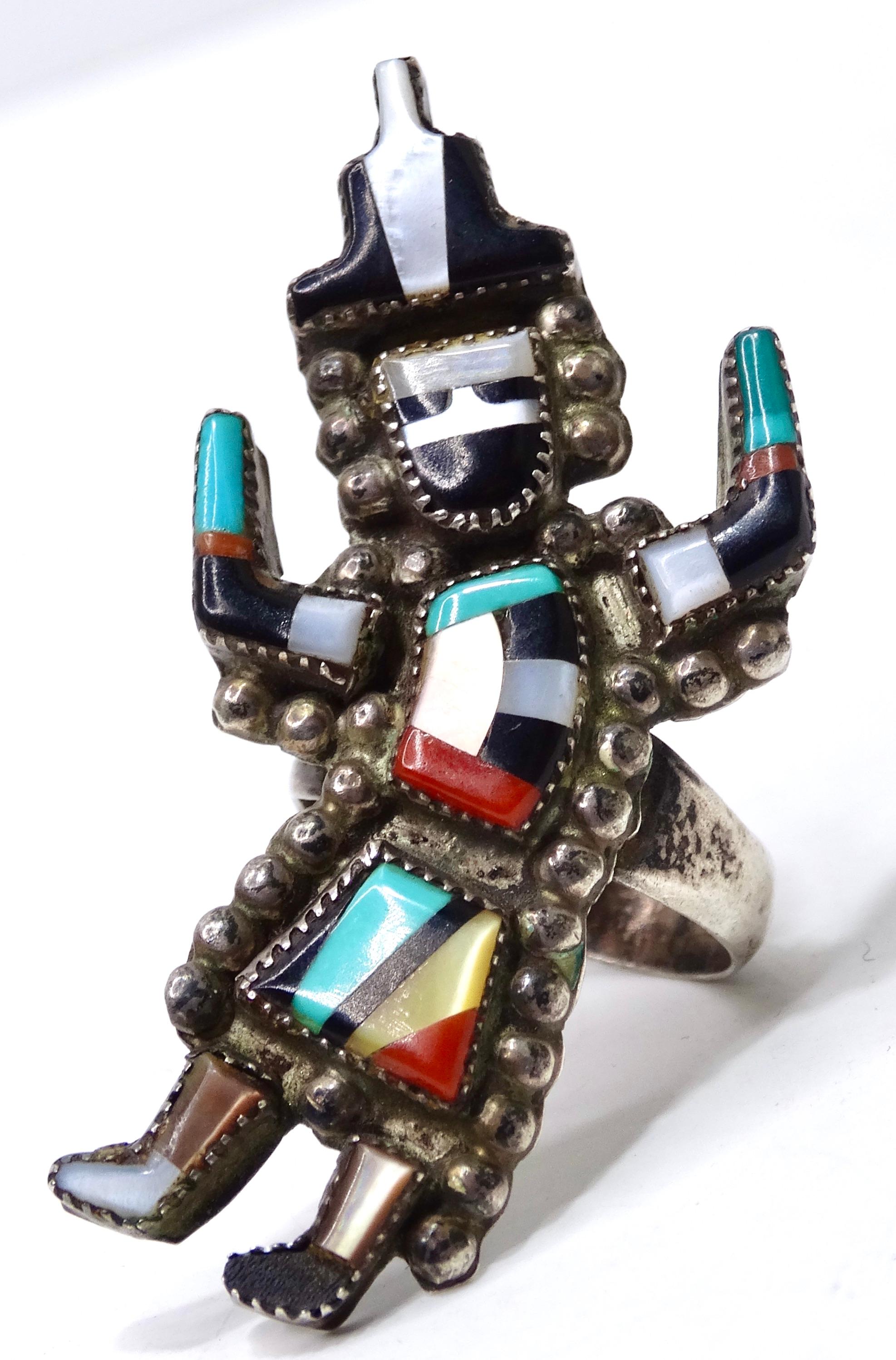 AC Zuni Signed Navajo Artisan Inlay Ring For Sale 2