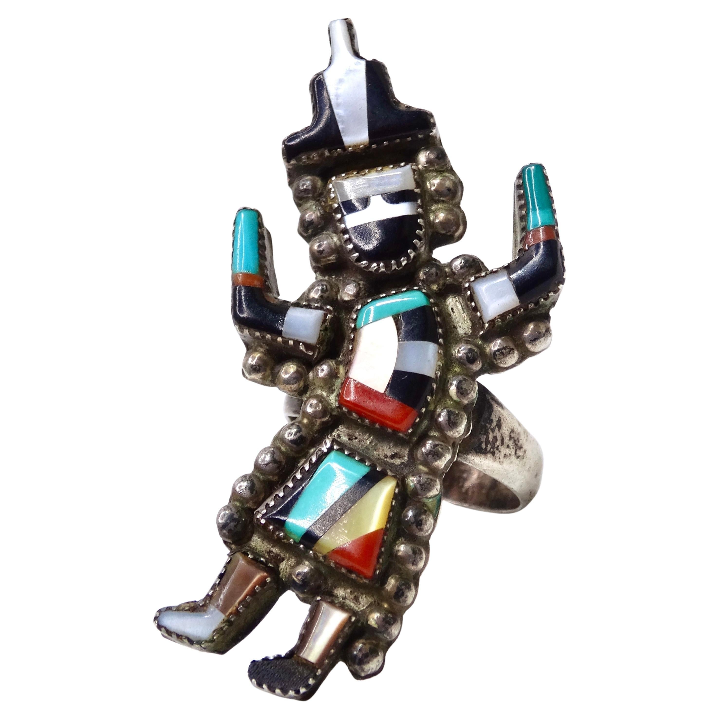 AC Zuni Signed Navajo Artisan Inlay Ring For Sale