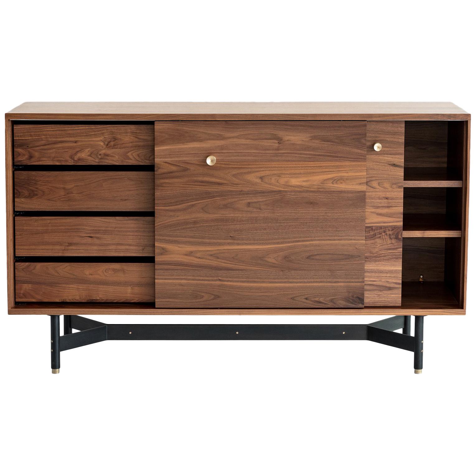 Ac10 Walnut Dresser Console with Drawers, Steel Base and Bronze Accents
