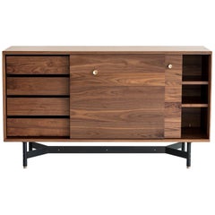 Ac10 Handmade Walnut Dresser Console with Drawers, Steel Base and Bronze Accents