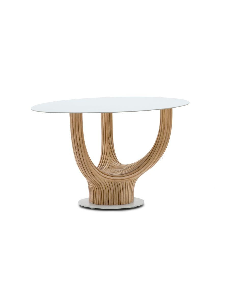 Coffee table by Kenneth Cobonpue
Materials: Rattan, steel, glass. Whitewash top, natural base. 
Dimensions: 75 x 56 x H 41 cm


Inspired by the ancient baobab, the table collection is made of rattan poles fastened together to create sculptural