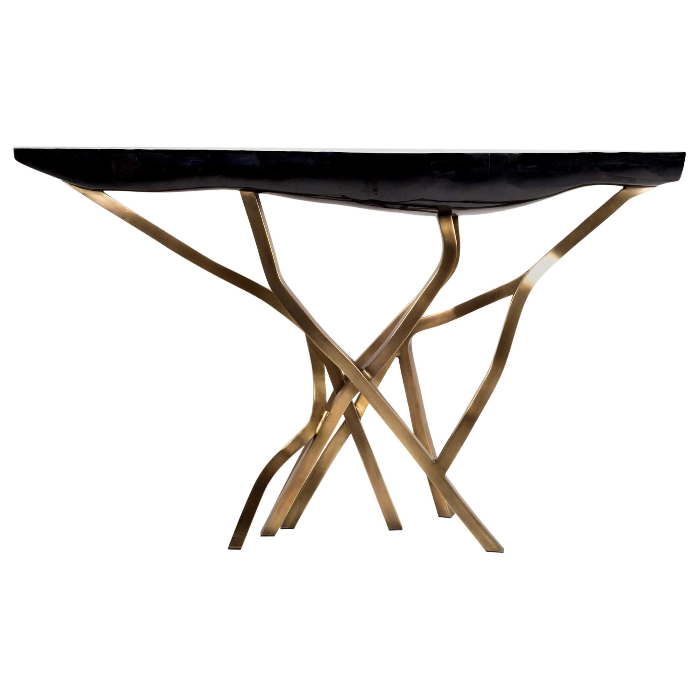 Art déco Table console Acacia en galuchat crème et laiton Bronze-Patina de R&Y Augousti en vente