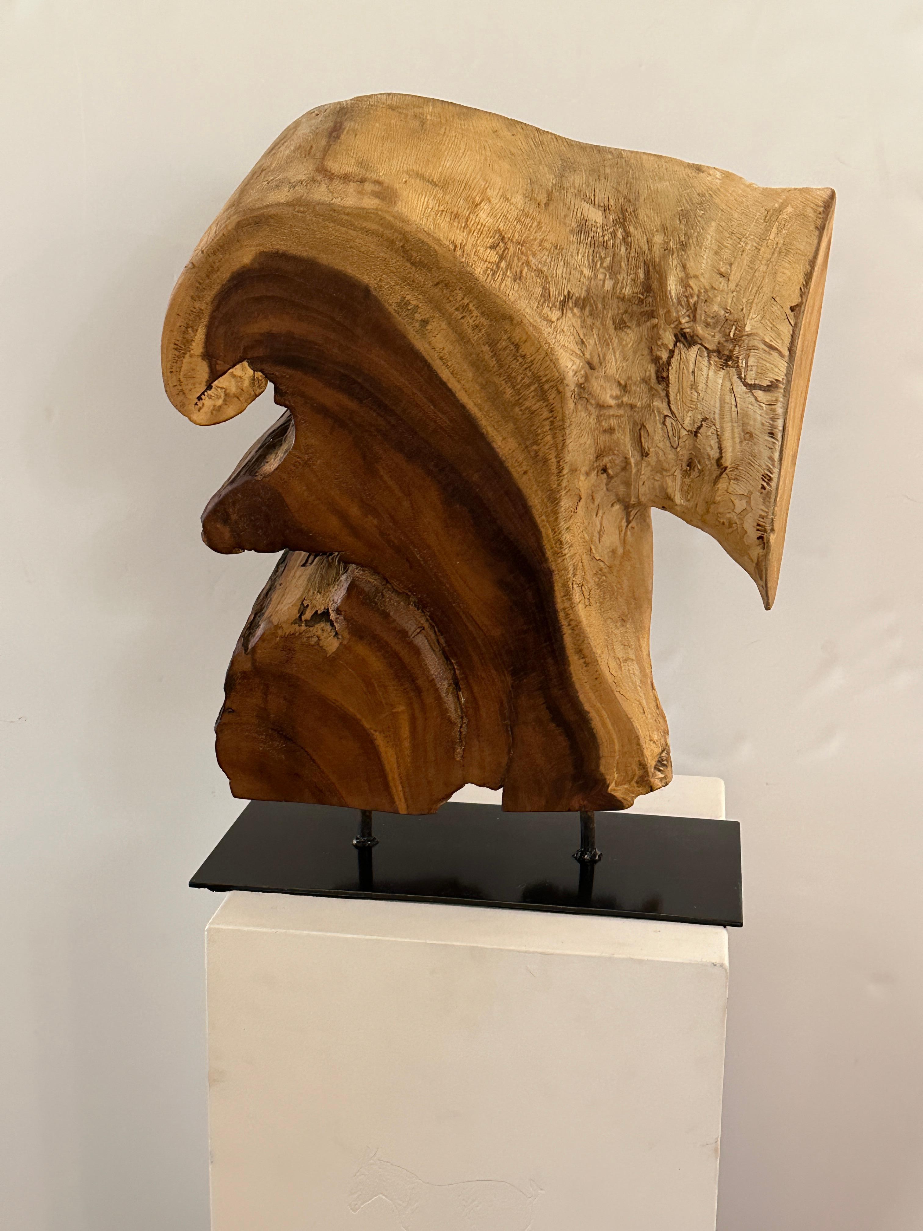 Wood Acacia Organic Raw Edge Slab Sculpture on a Black Rectangular Steel Base For Sale
