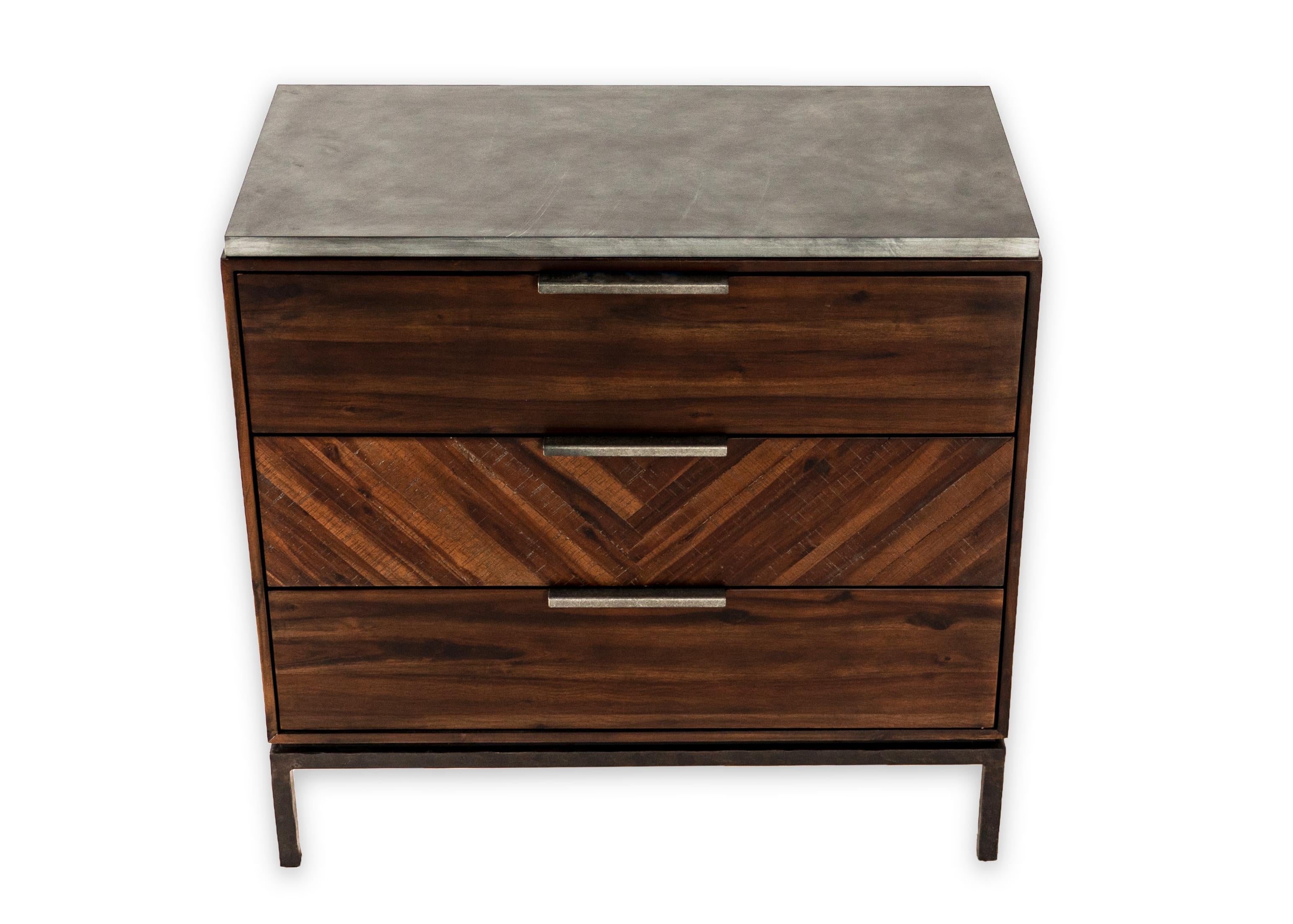 Acacia wood chest of drawers hammered steel base with zinc top.