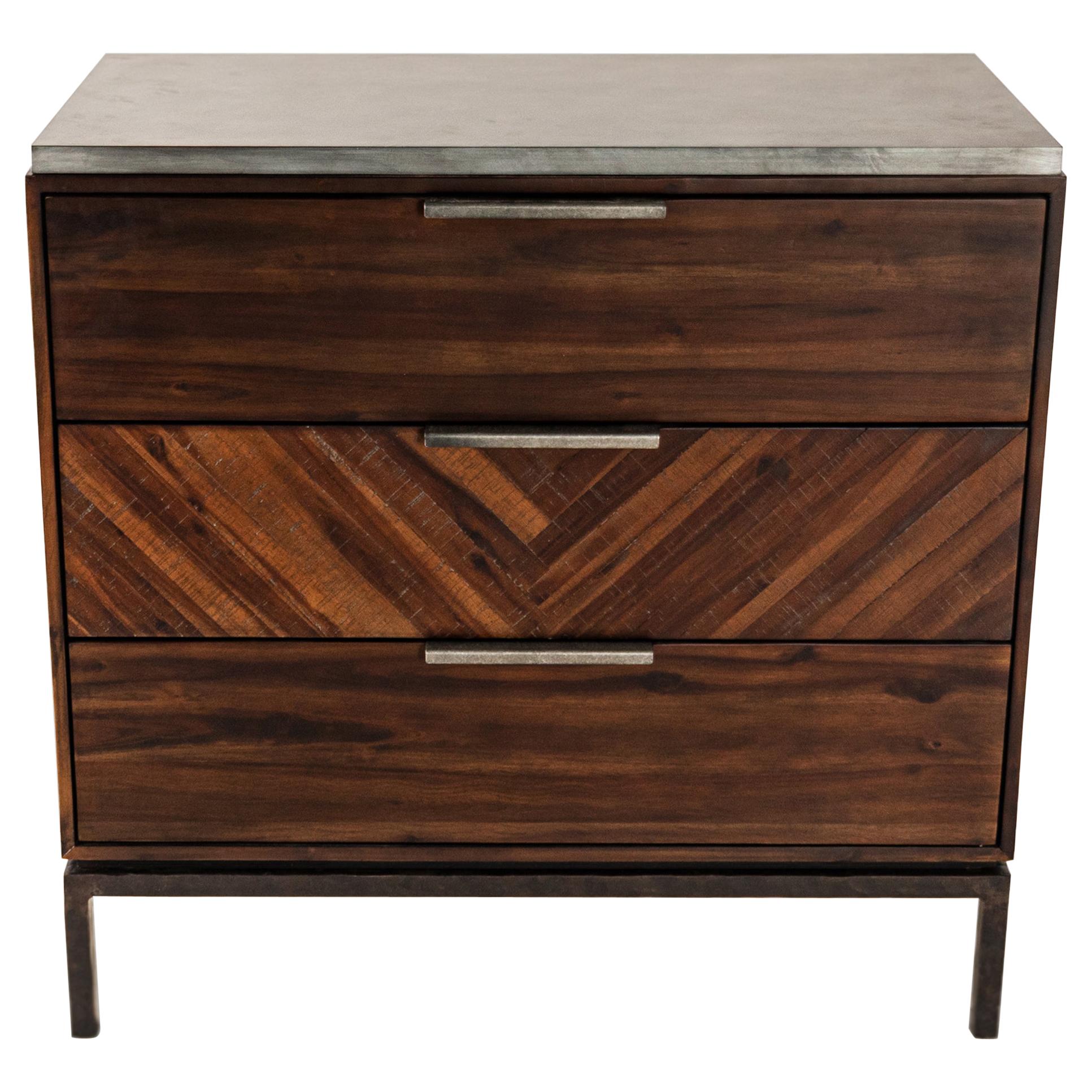 Acacia Wood Chest of Drawers Hammered Steel Base with Zinc Top