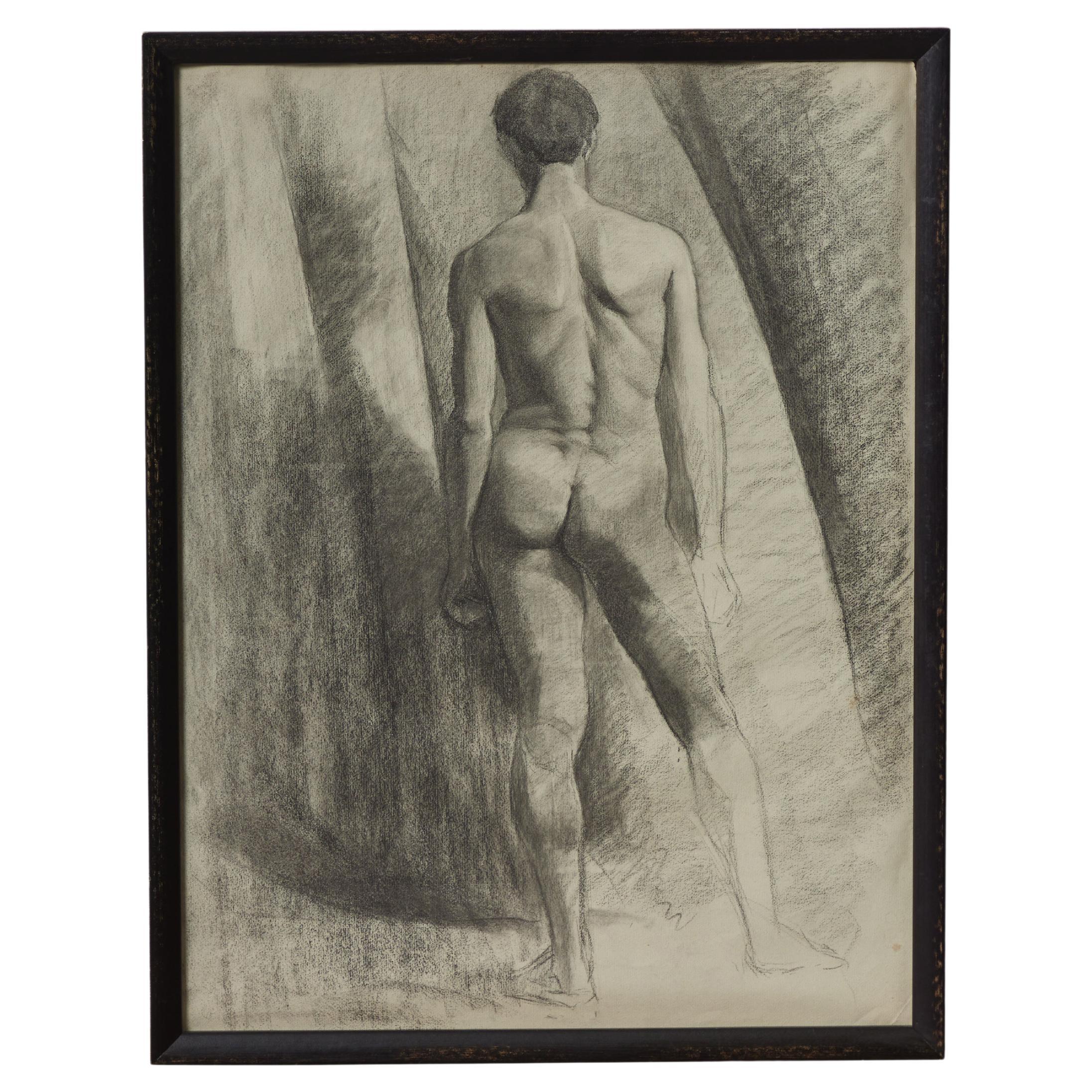 Academic Charcoal Drawing of Standing Nude