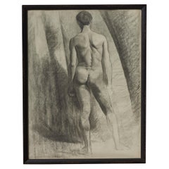 Antique Academic Charcoal Drawing of Standing Nude