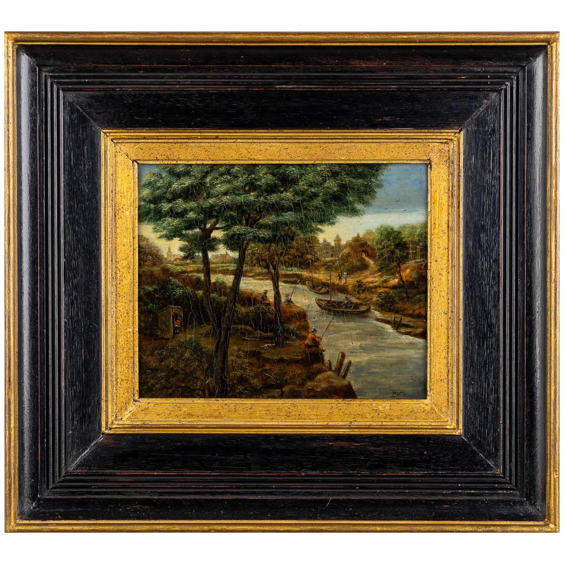 H. H. I.
XIX secolo; Paesi Bassi
Olio su pannello; cornice in ebano e legno dorato

Dimensioni approssimative: 9,25 (h) x 10,25 (l) x 0,75 (p) pollici.

Questo dipinto di una riva fluviale boscosa attira la nostra attenzione in un paesaggio naturale
