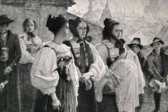 Grabado académico titulado "Bautismo en la Baja Alsacia" según François Flameng