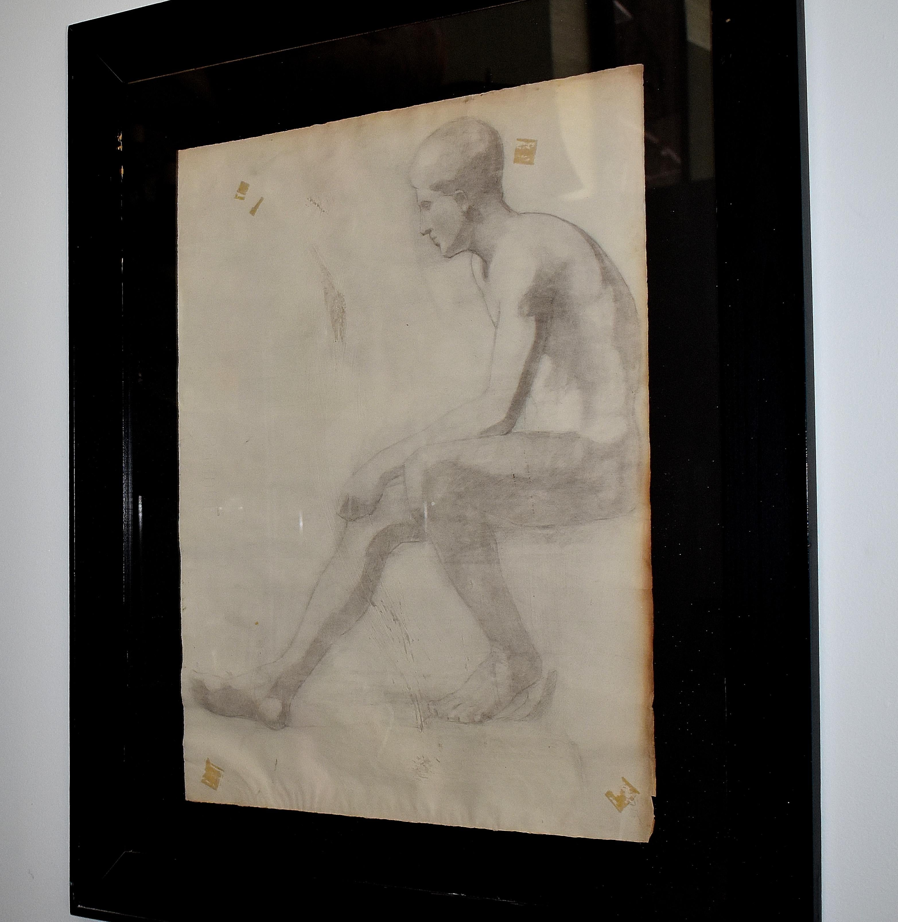 Early 1920s, charcoal drawing with black finish wood. Not signed.