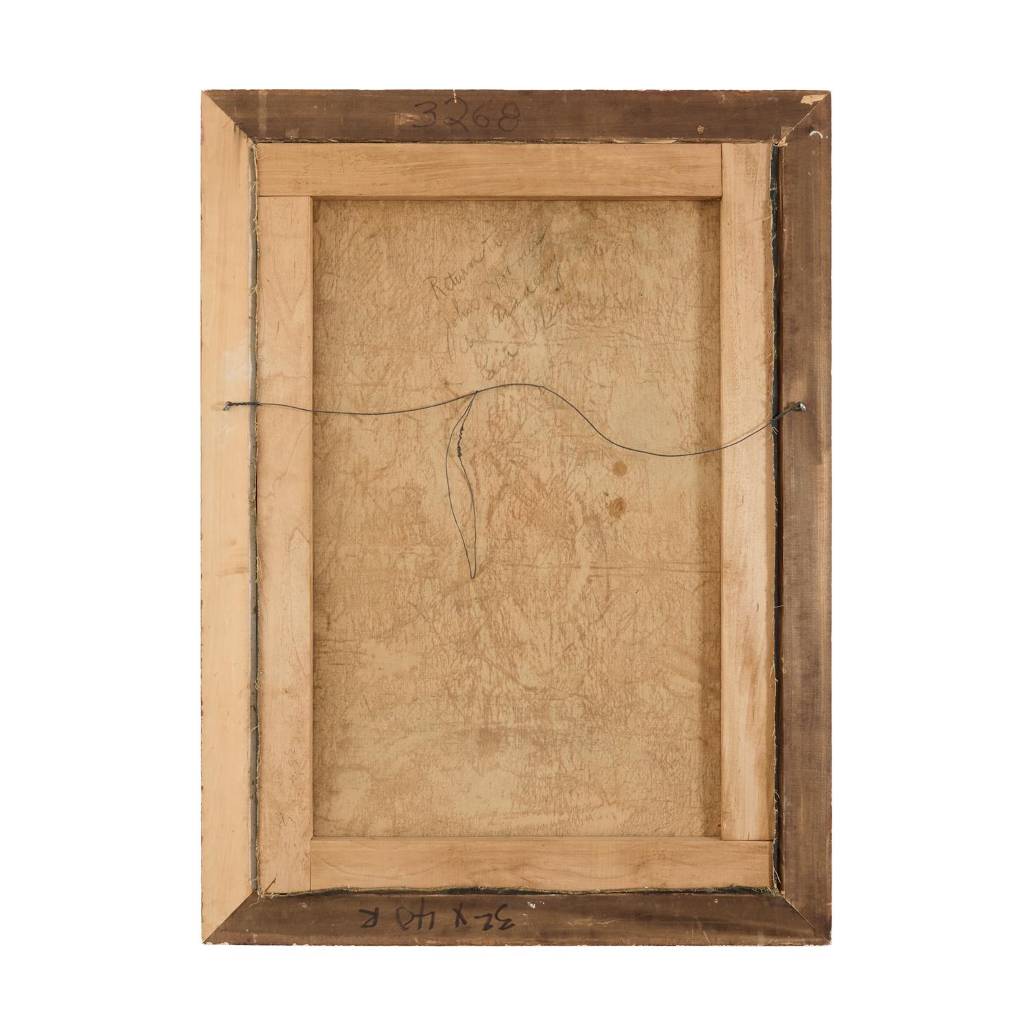 An academic oil painting depicting a young man in profile holding a spear, seated. Some flaking in the background, consistent throughout. Framed in a vintage giltwood frame. Circa 1900.