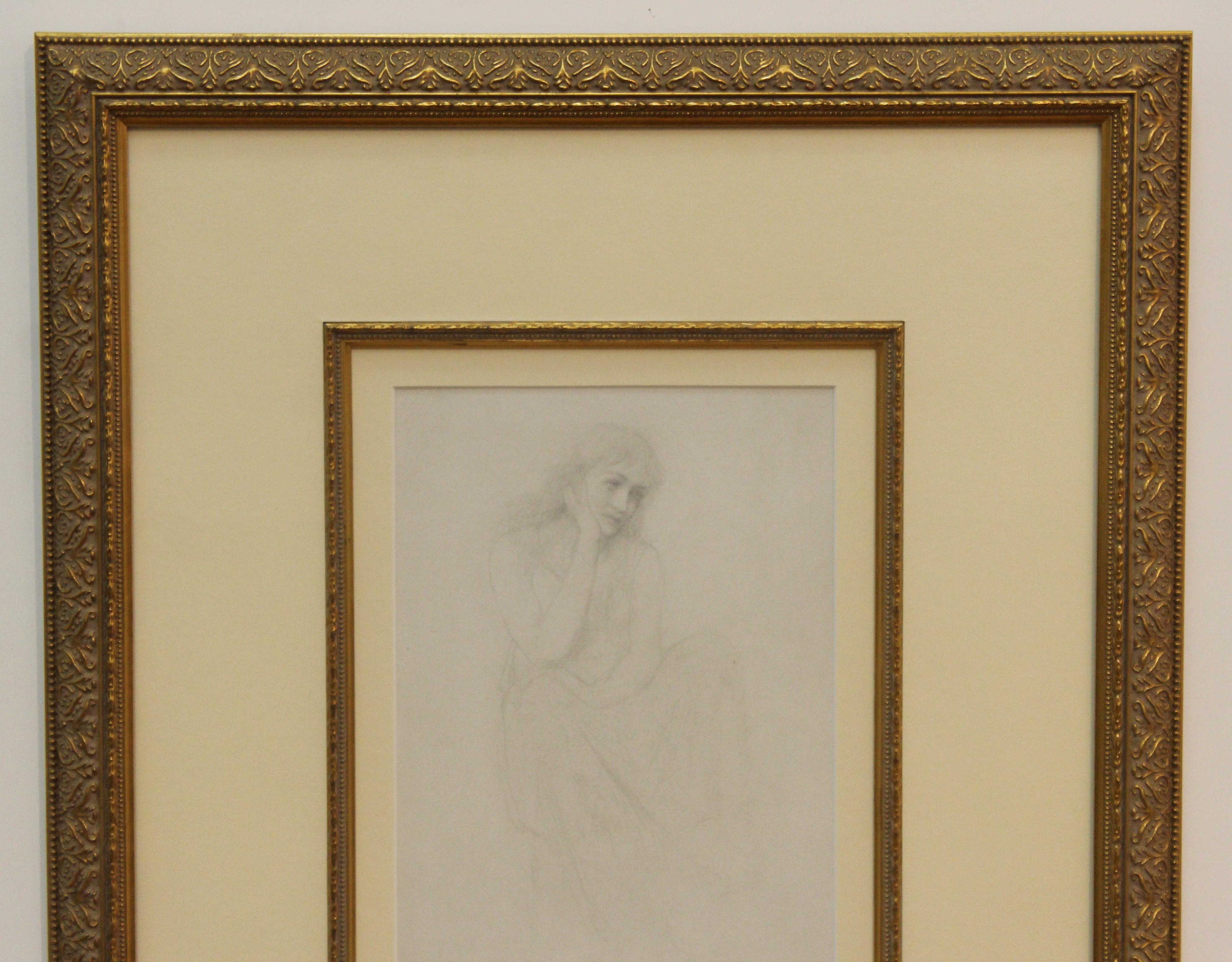 Academic manner pencil drawing on paper of a seated pensive woman. The drawing is left unsigned. The piece is framed in a partially gilt frame with ornamented border. In great vintage condition with age-appropriate wear and use.