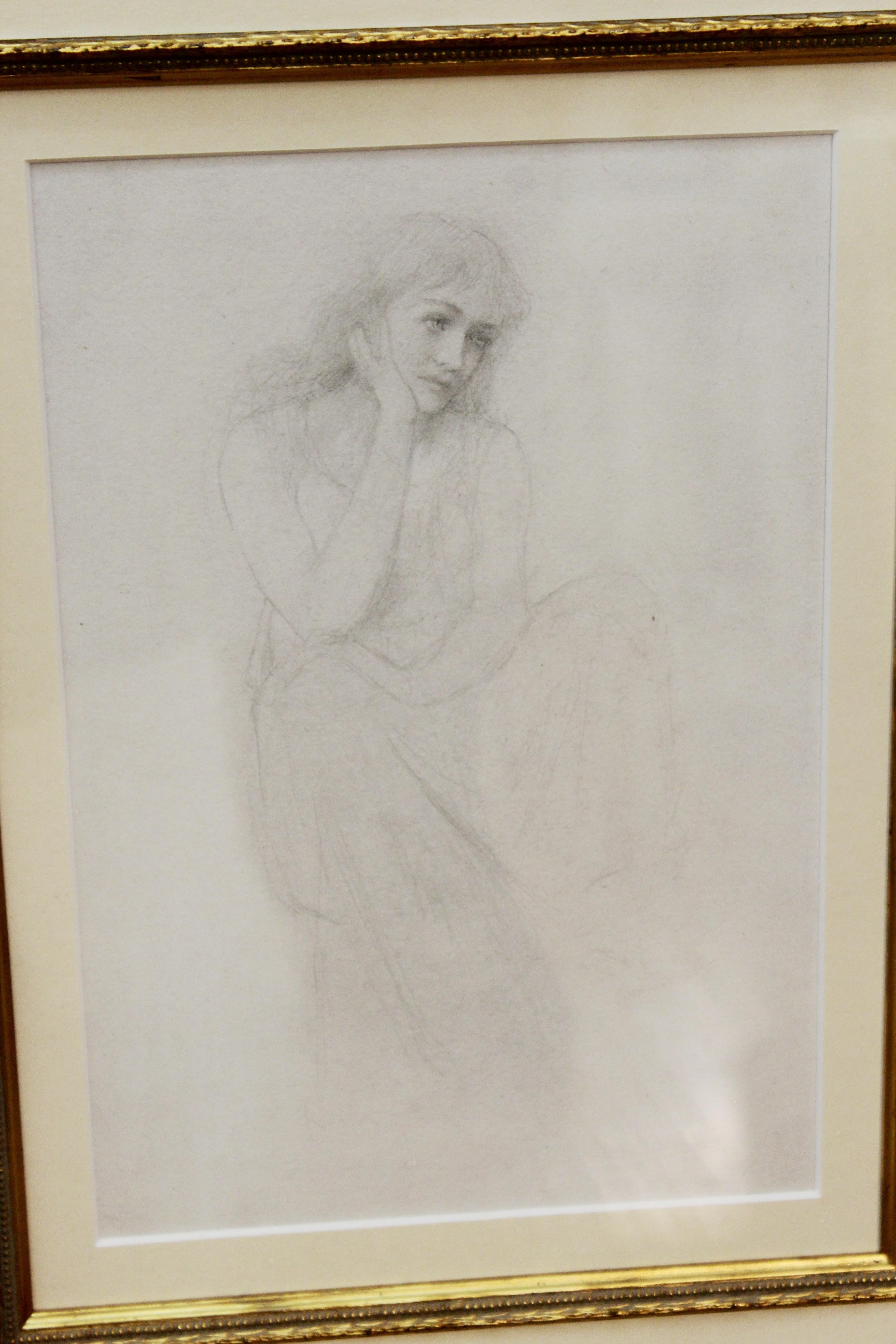 Neoclassical Academic Pencil Drawing of Pensive Woman, Framed For Sale