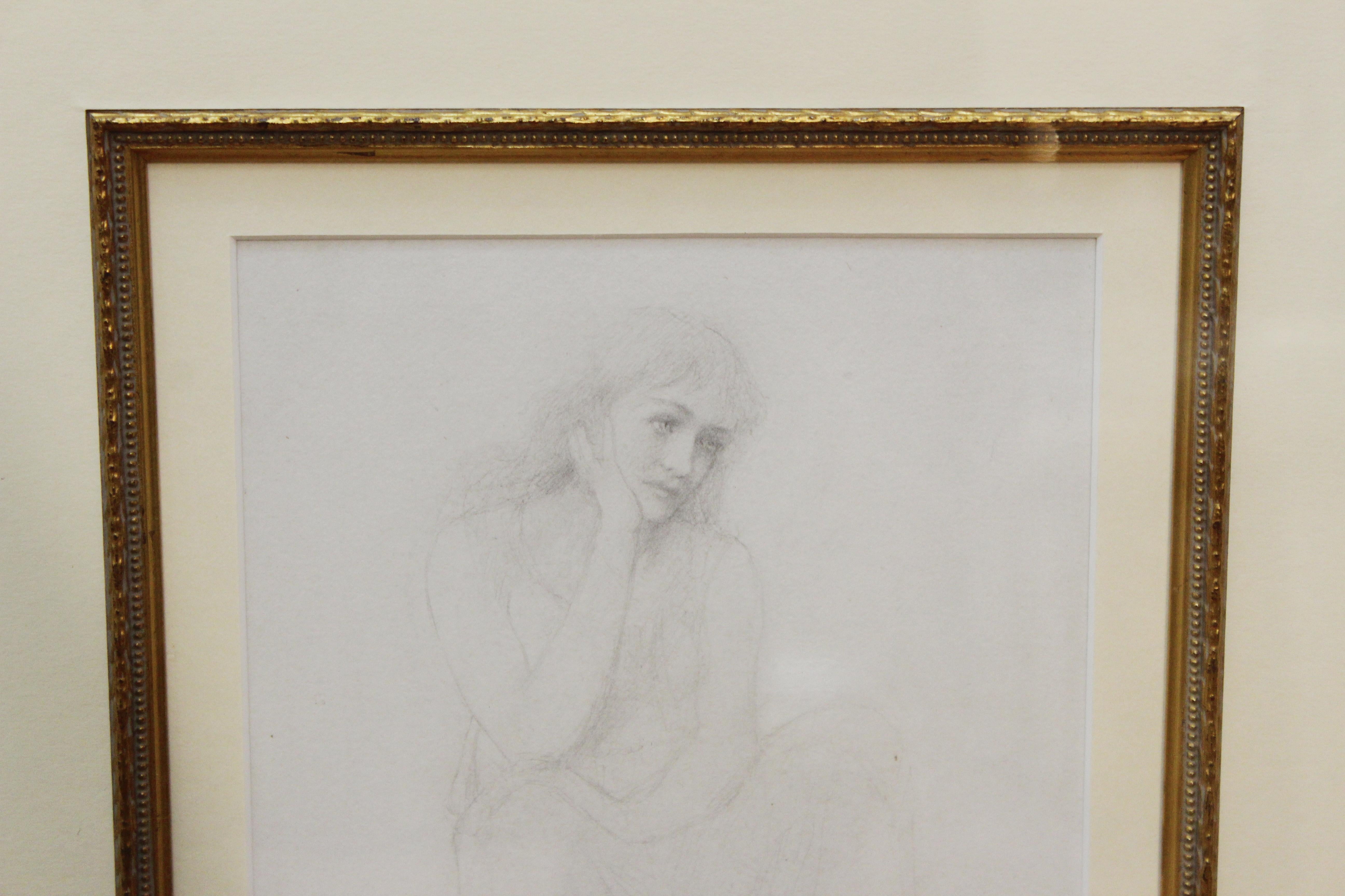 Academic Pencil Drawing of Pensive Woman, Framed In Good Condition For Sale In New York, NY
