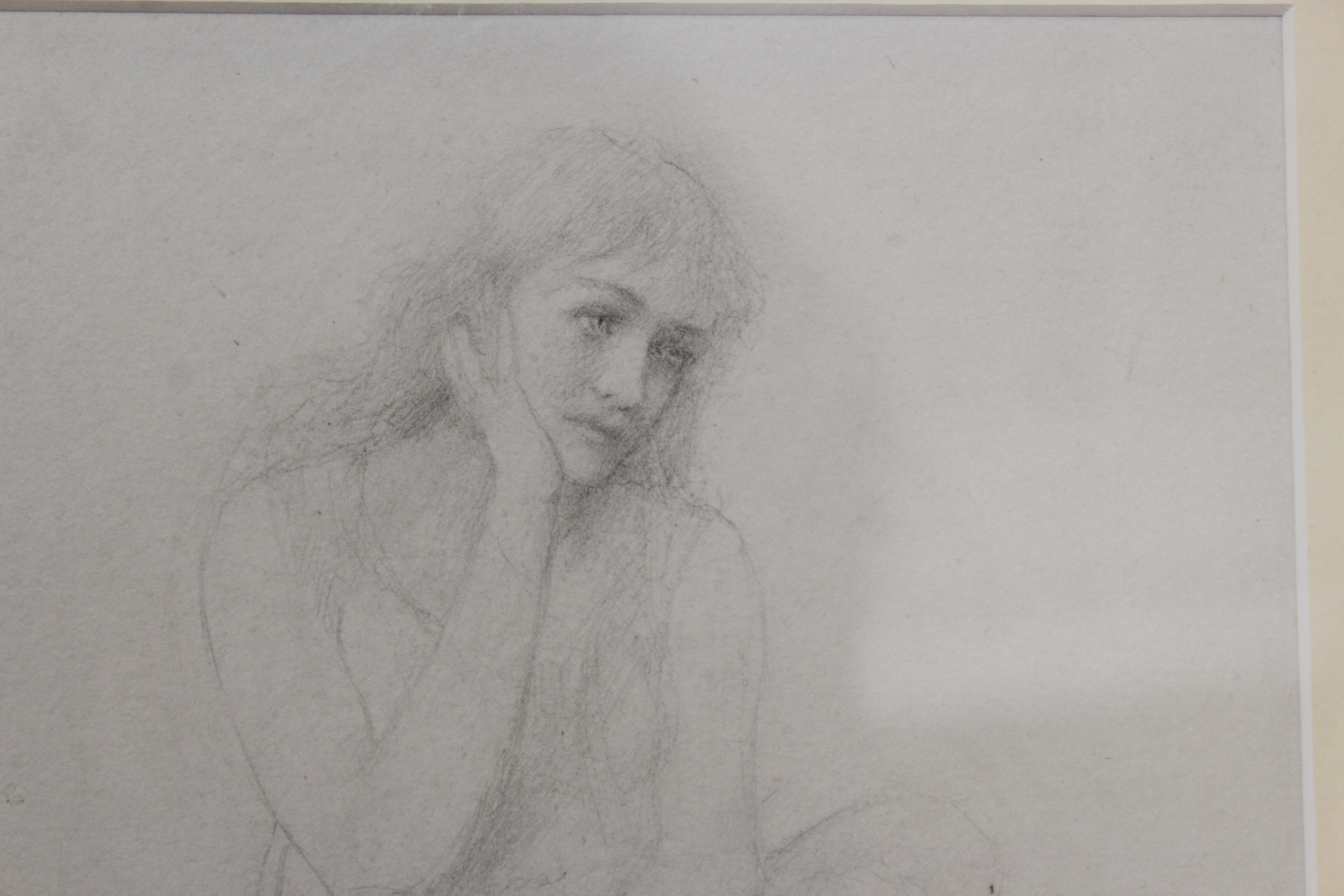 Glass Academic Pencil Drawing of Pensive Woman, Framed For Sale