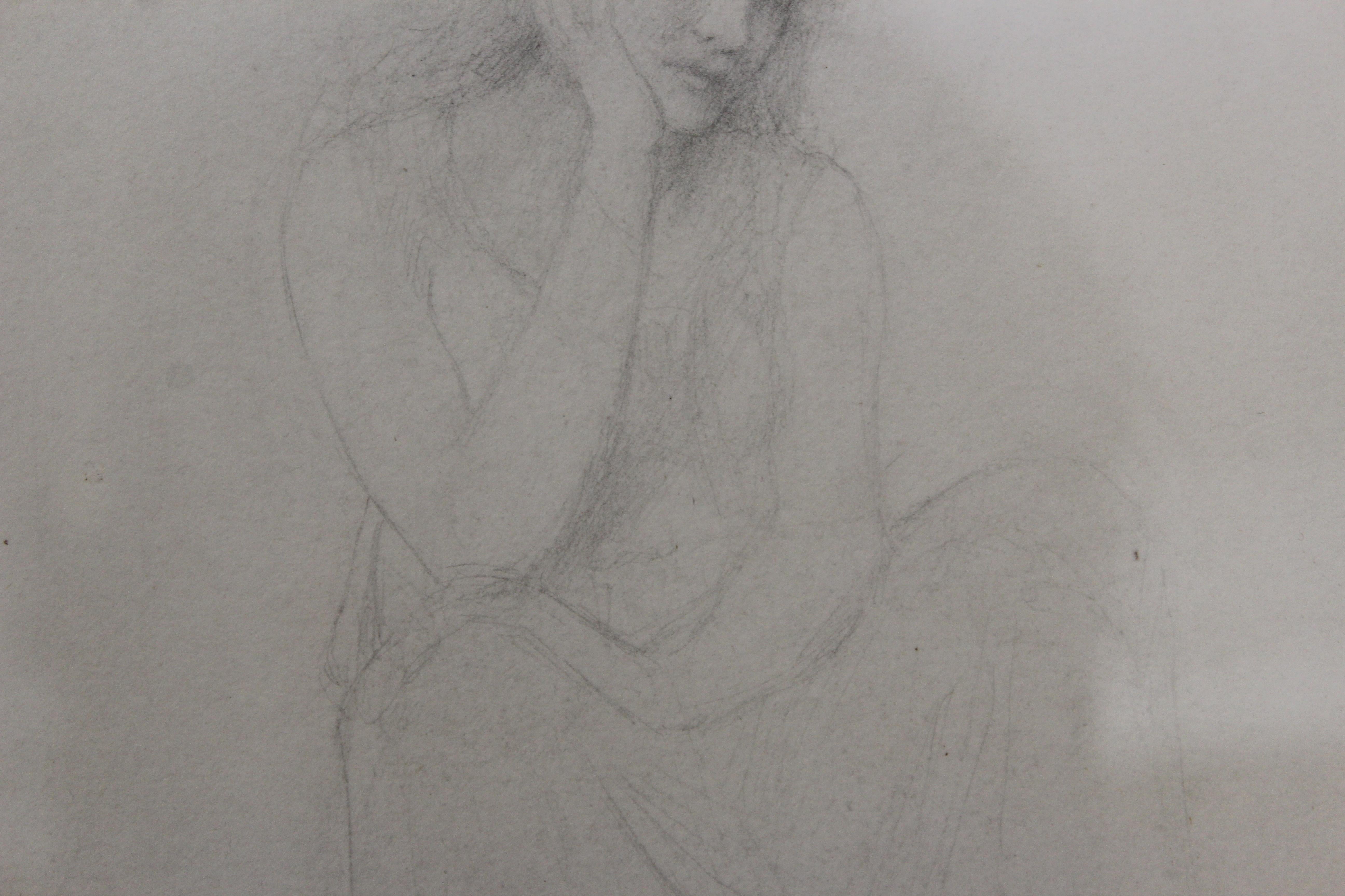 Academic Pencil Drawing of Pensive Woman, Framed For Sale 1