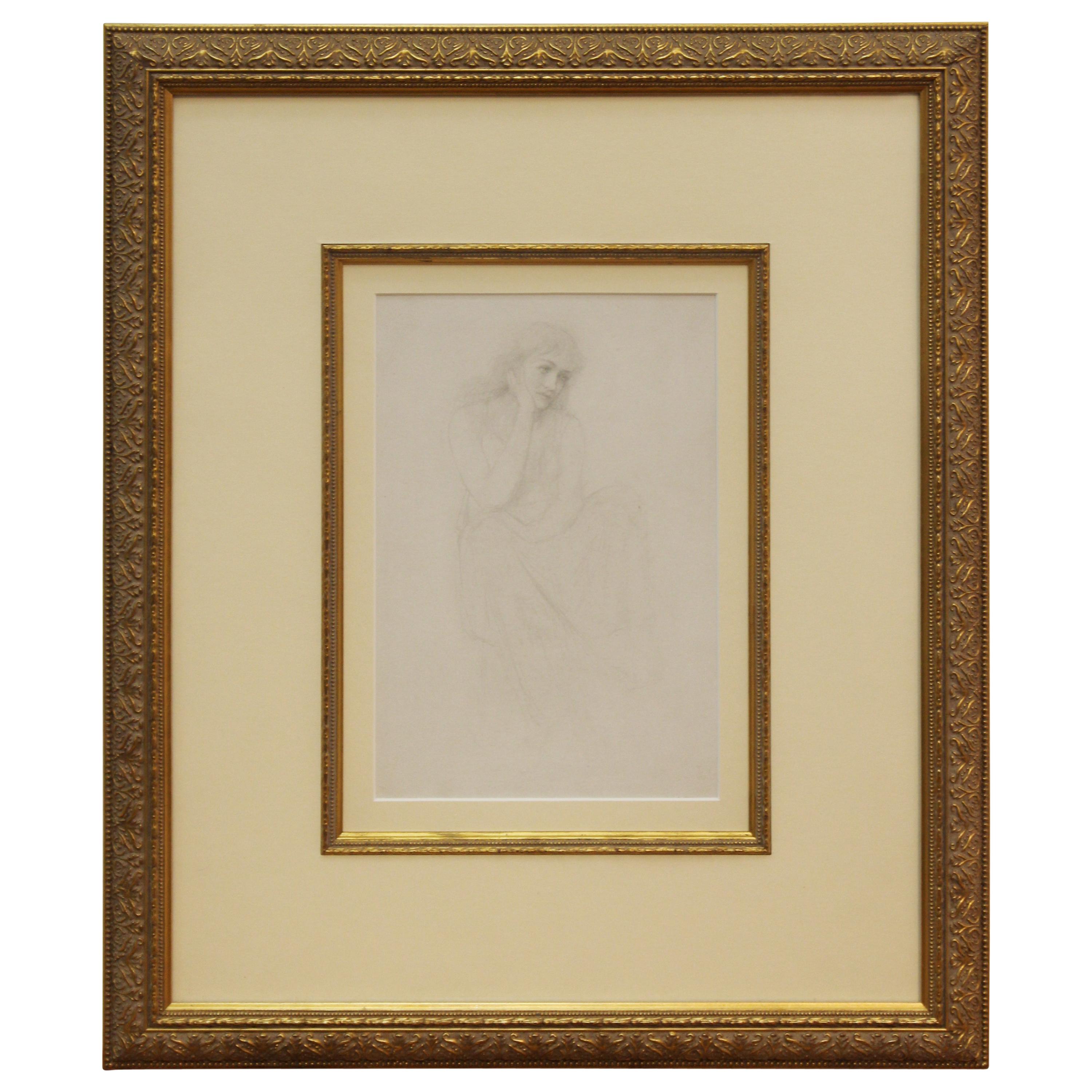 Academic Pencil Drawing of Pensive Woman, Framed