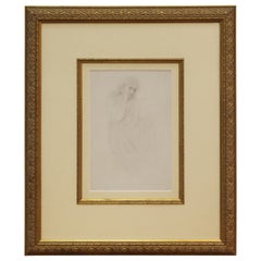 Vintage Academic Pencil Drawing of Pensive Woman, Framed