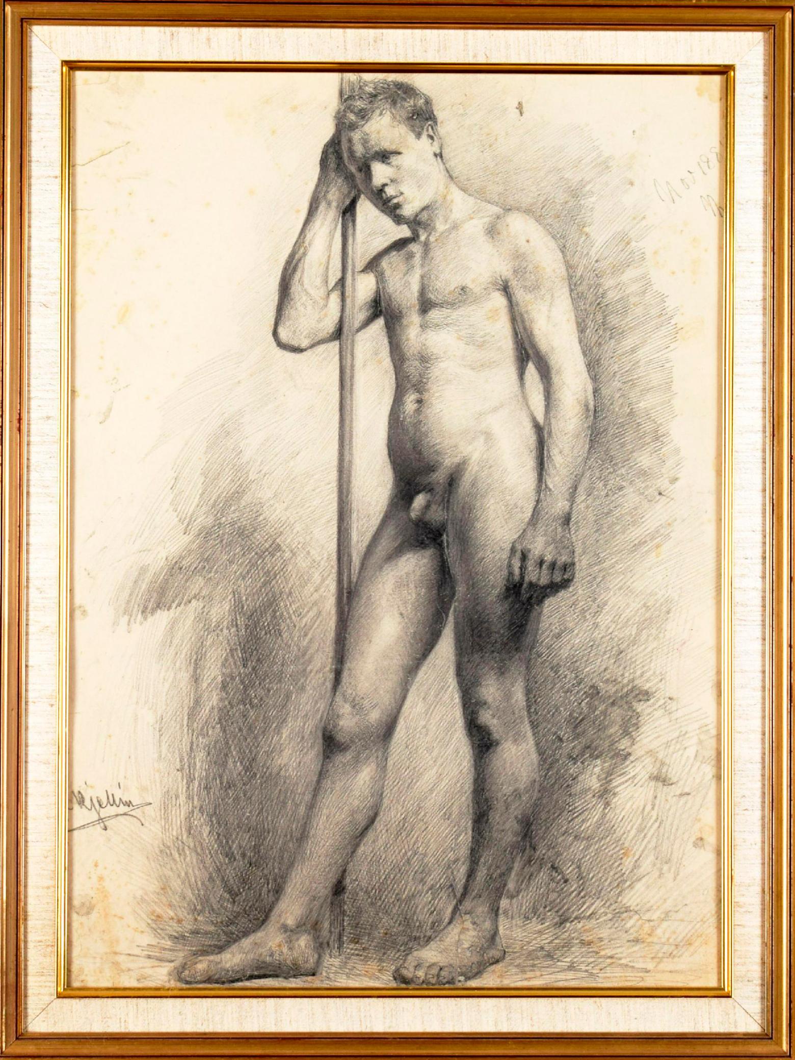 Academic Studie of a nude male made in 1881 by the Swedish Artist Carl Kjellin (1862-1939). Pencil on paper. Signed: Carl Kjellin and dated: 1881.
The artist is represented at the National Museum in Stockholm.
A fluent drawing for the bedroom or