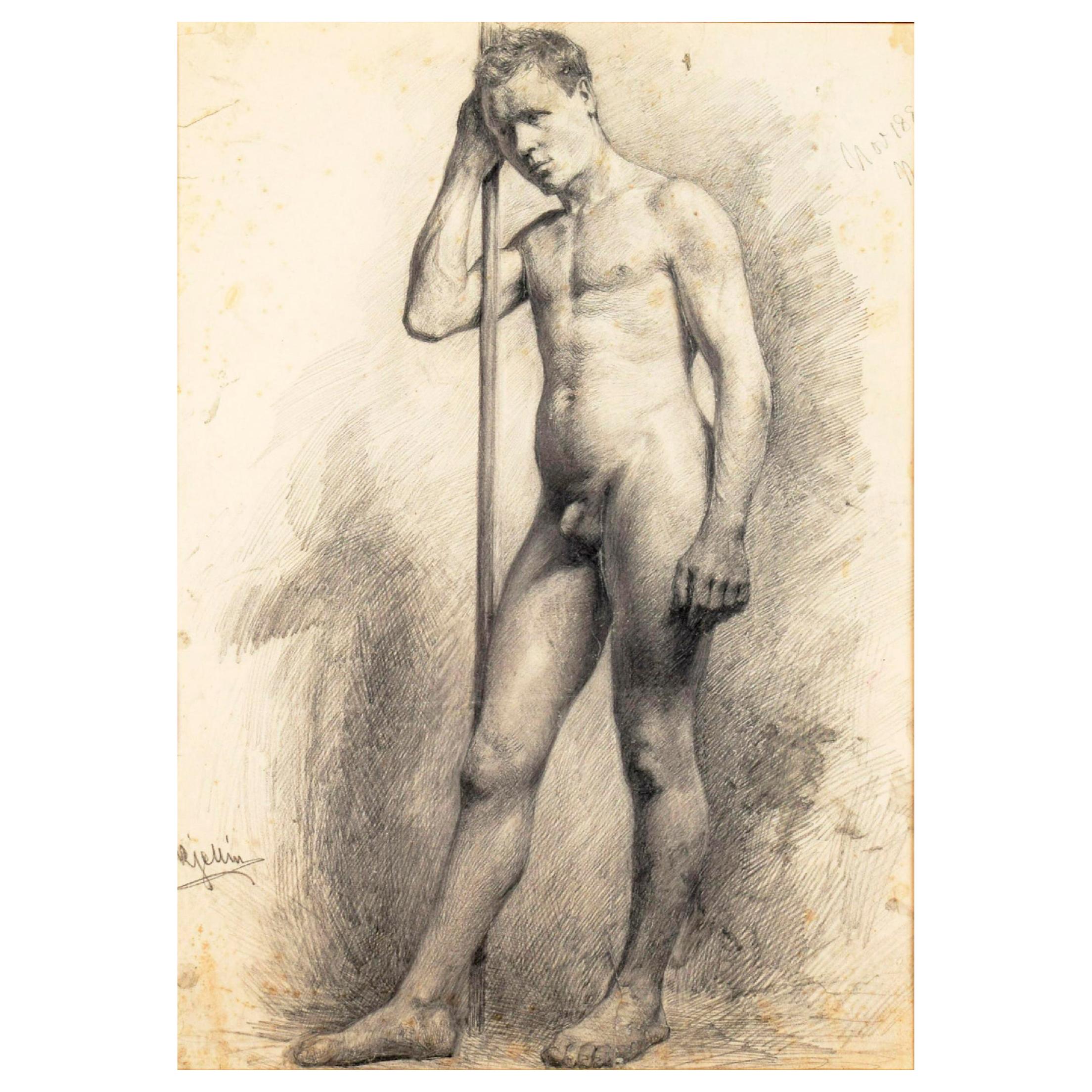 Academic Studie of a Nude Male Made in 1881 by the Swedish Artist Carl Kjellin For Sale